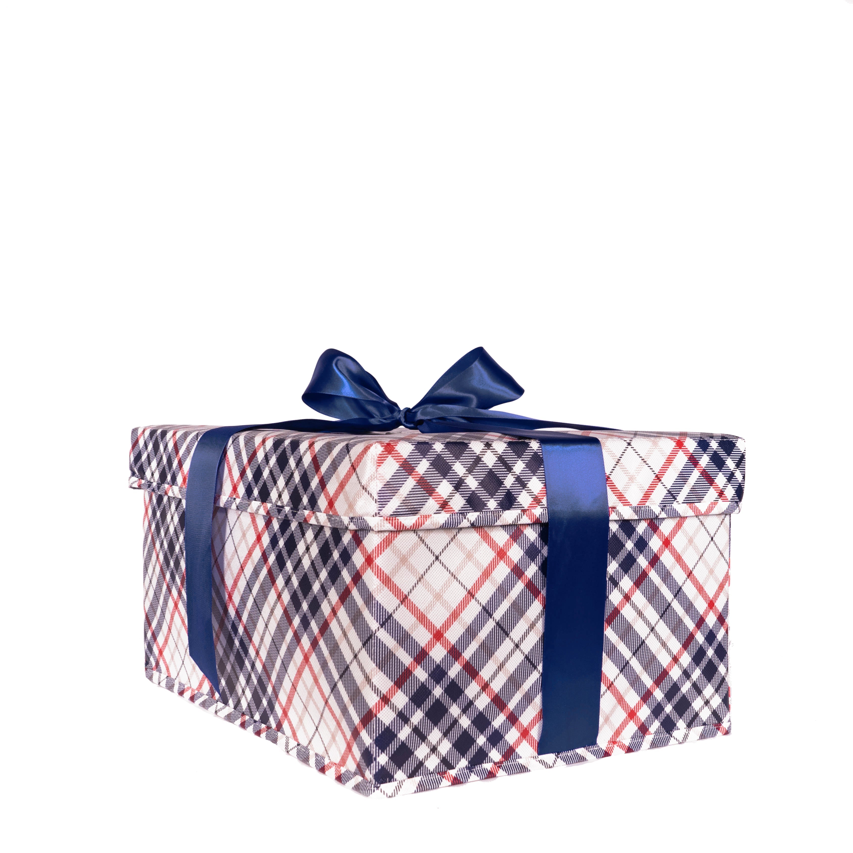 Everbox: Large Blue Plaid Collapsible Gift Box With Blue Satin Ribbon