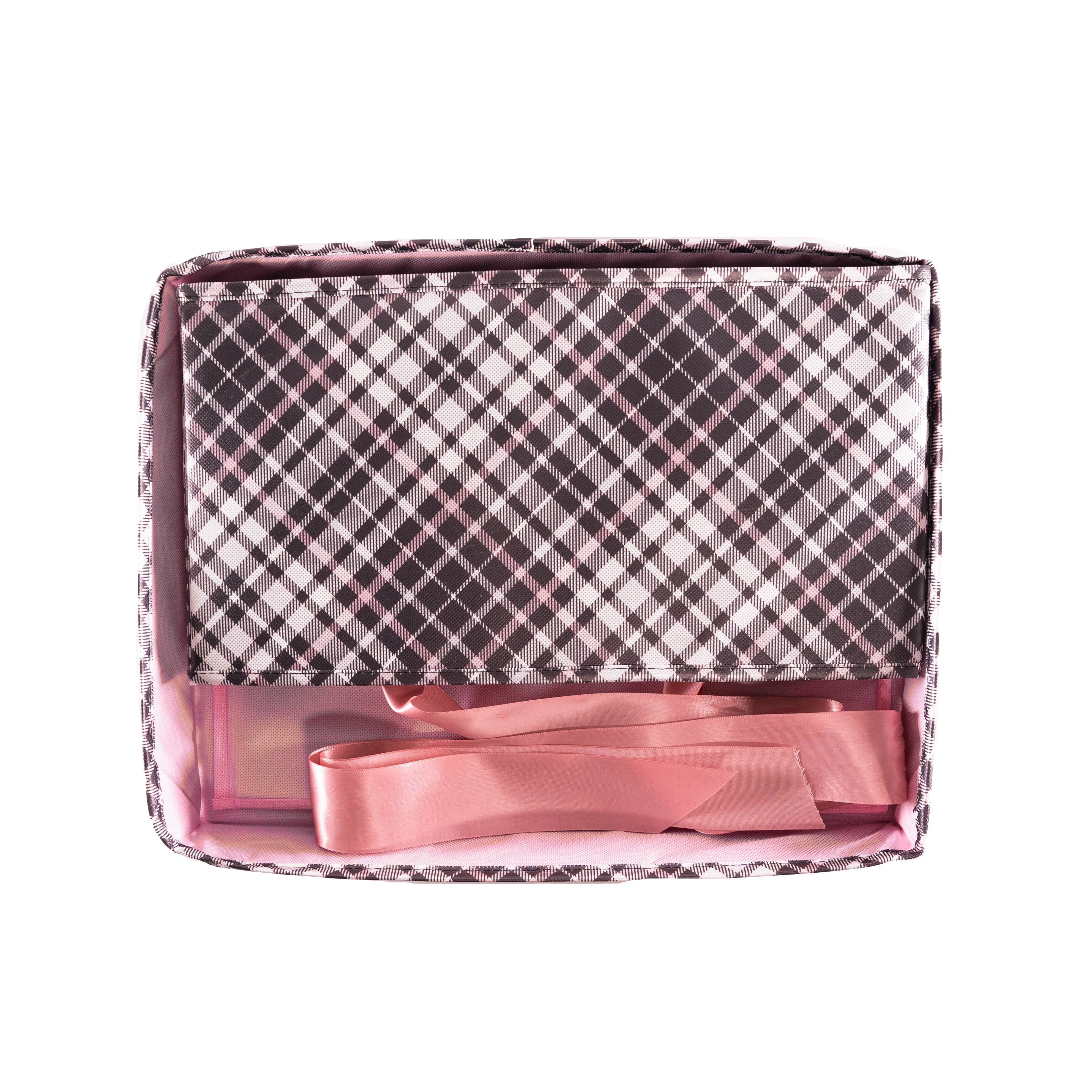 Everbox: Large Pink Plaid Collapsible Gift Box With White Satin Ribbon