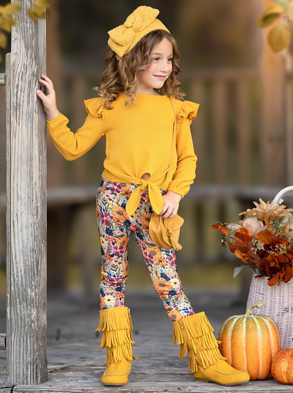 Marigold Ruffle Tie Top And Floral Legging Set