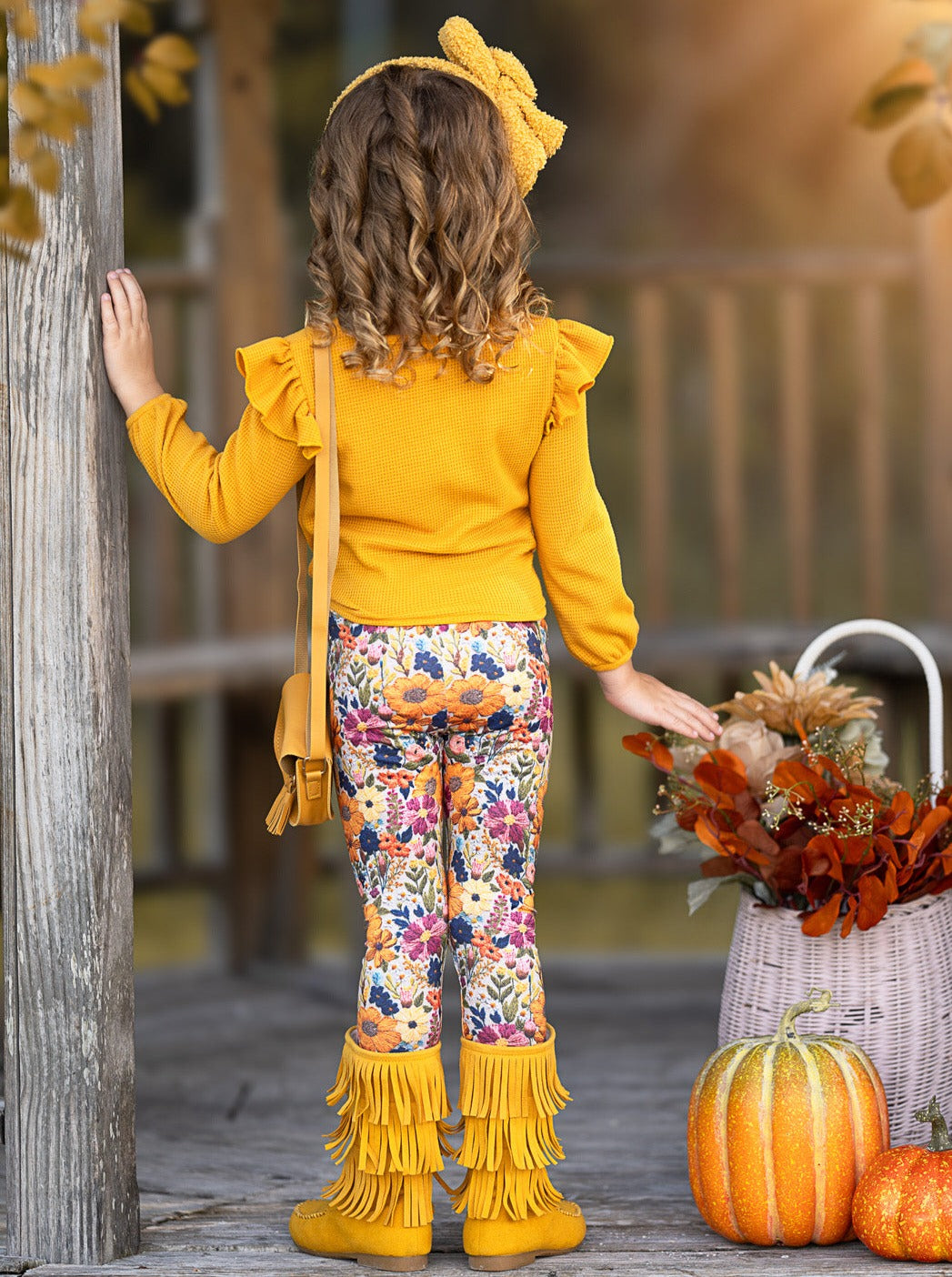 Marigold Ruffle Tie Top And Floral Legging Set