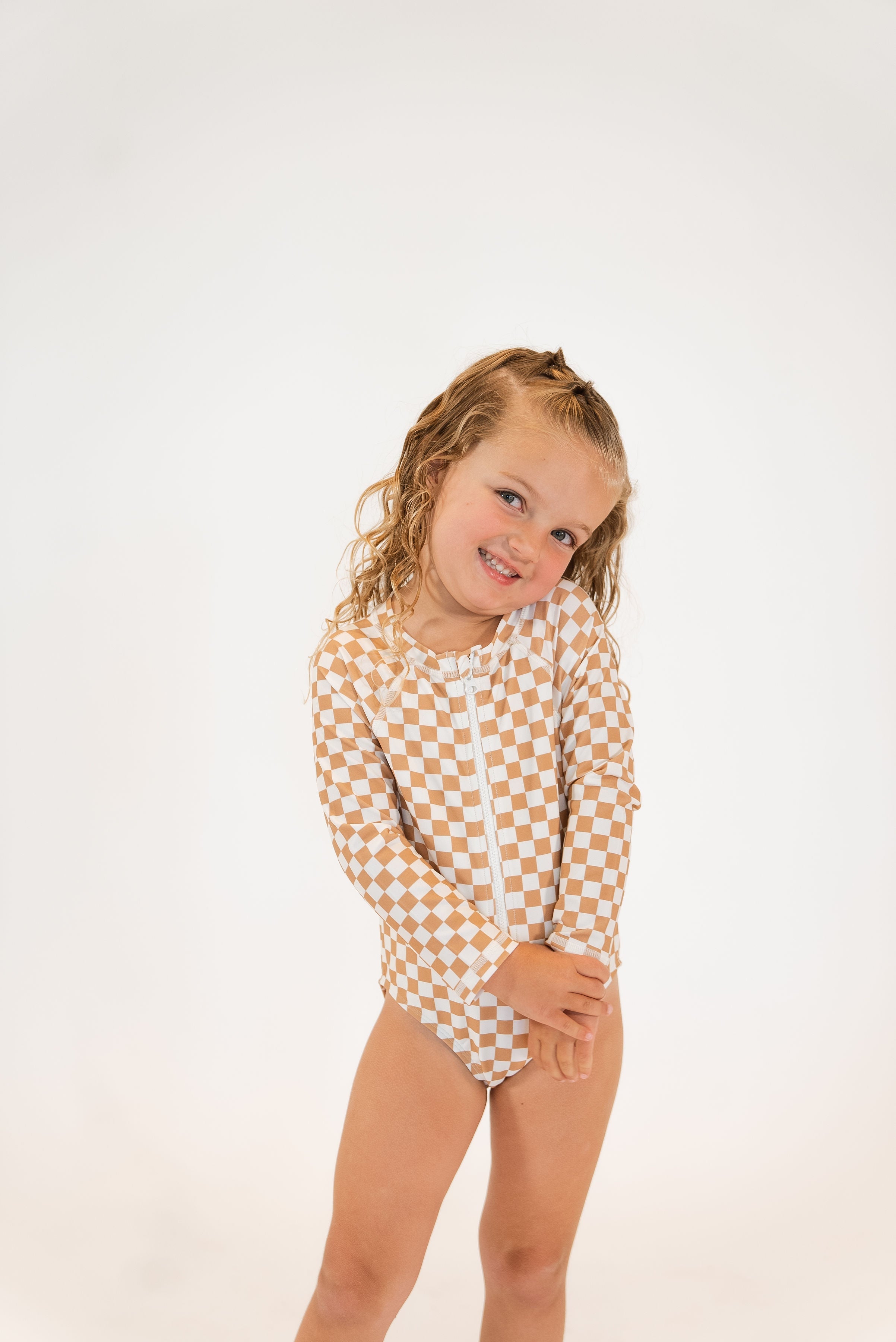 Girl's Zip Up Rashguard | Tan Checkered