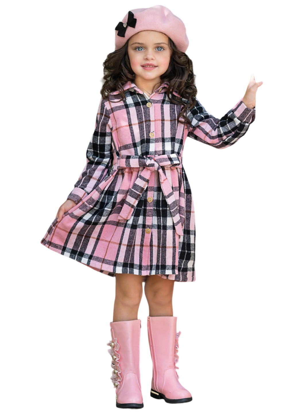 Pink Plaid Long Sleeve Shirt Dress