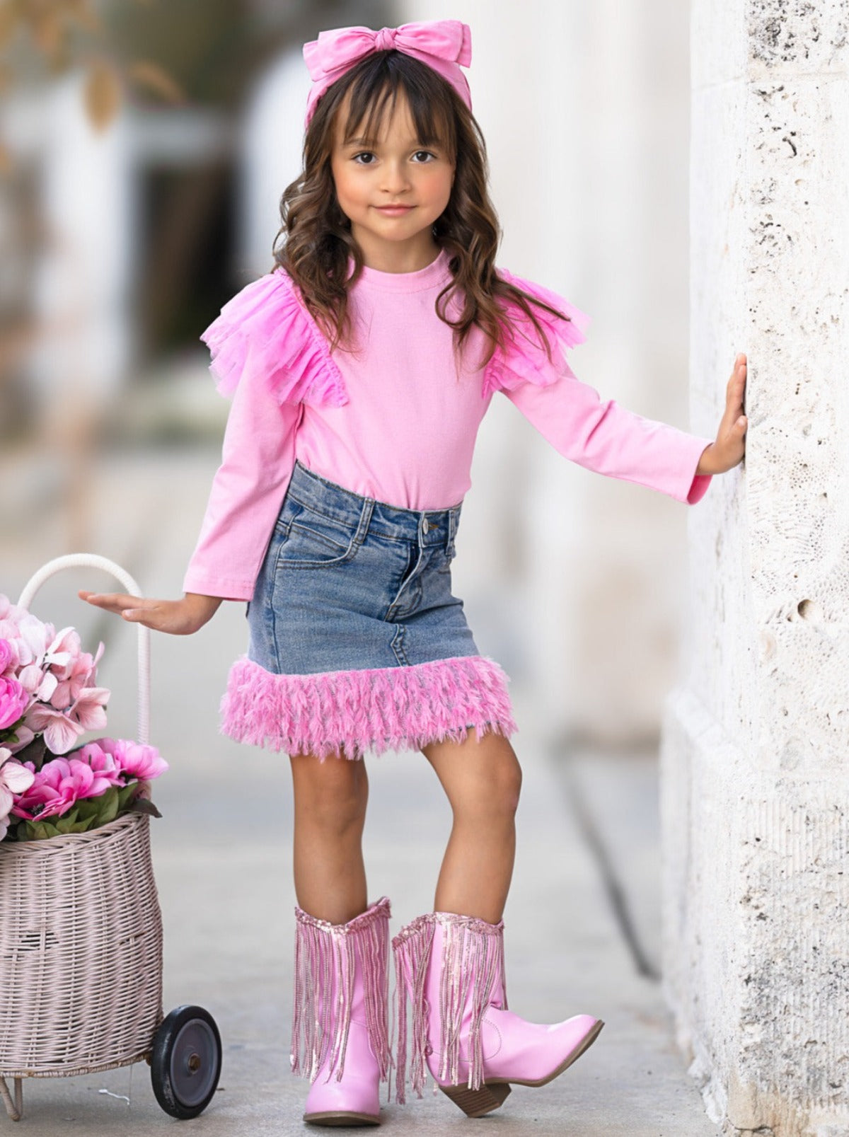 Pink Ruffle Top And Feather Trim Denim Skirt Set