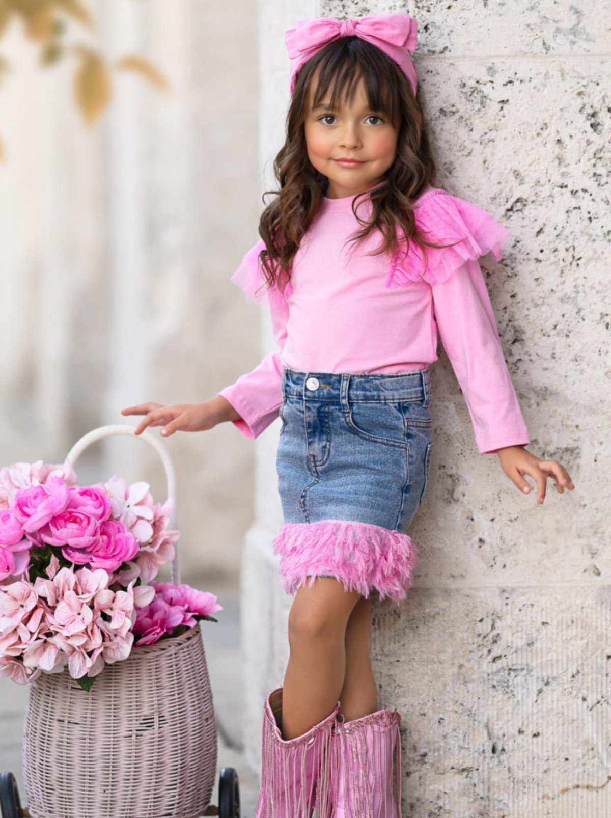 Pink Ruffle Top And Feather Trim Denim Skirt Set