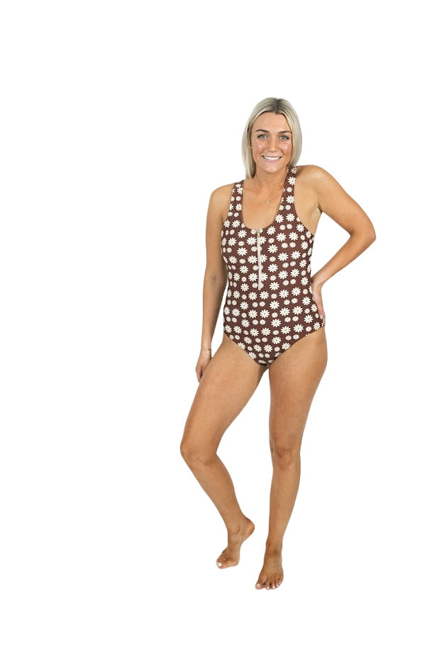 Women's Zip Up One Piece | Warm Brown Floral