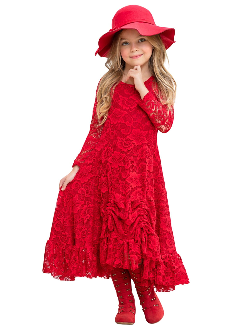 Red Hi-lo Drawstring Lace Ruffle Dress