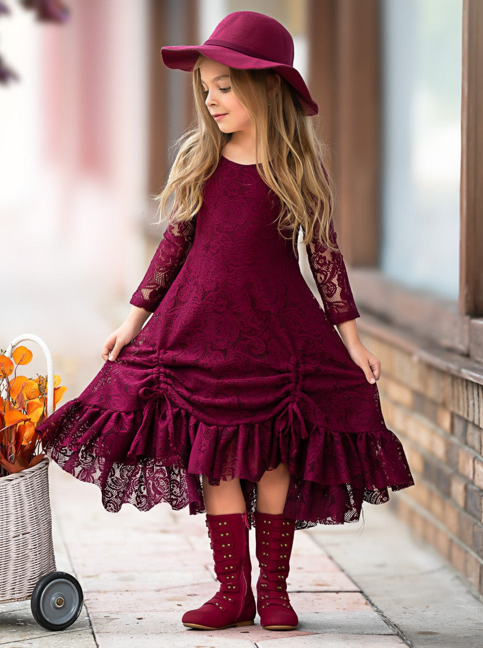 Burgundy Hi-lo Drawstring Lace Ruffle Dress