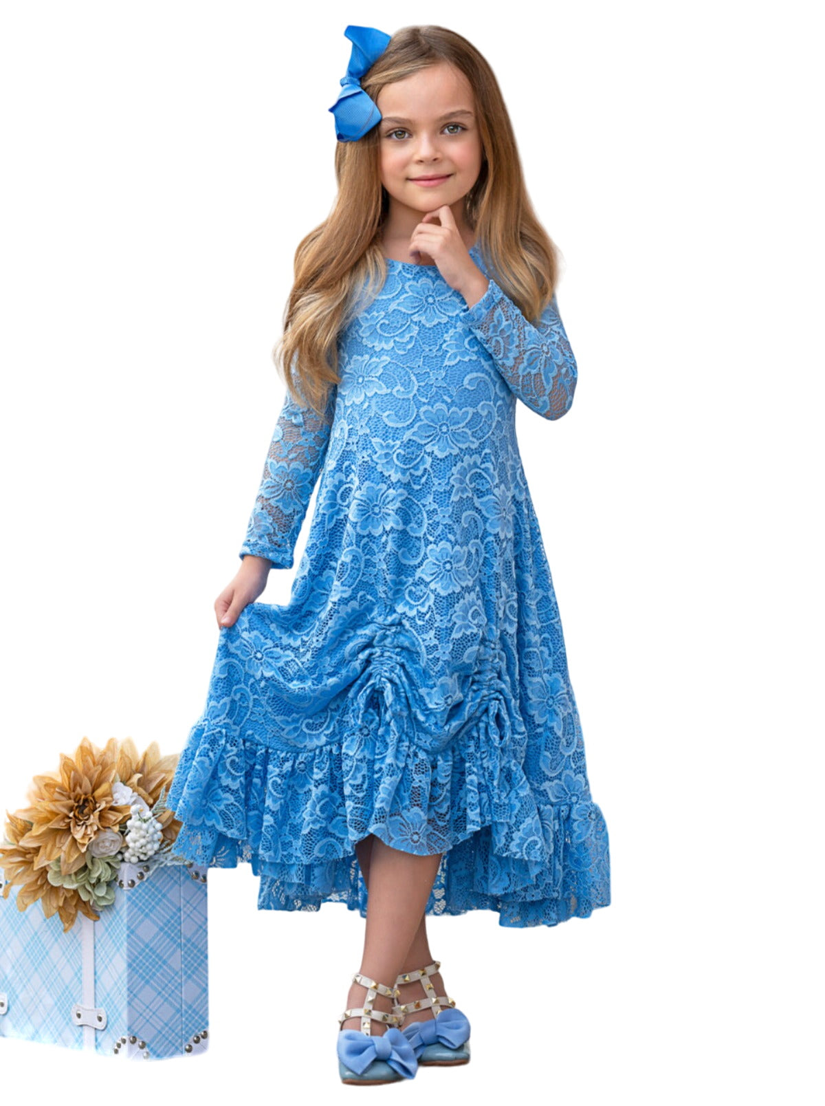 Blue Hi-lo Drawstring Lace Ruffle Dress