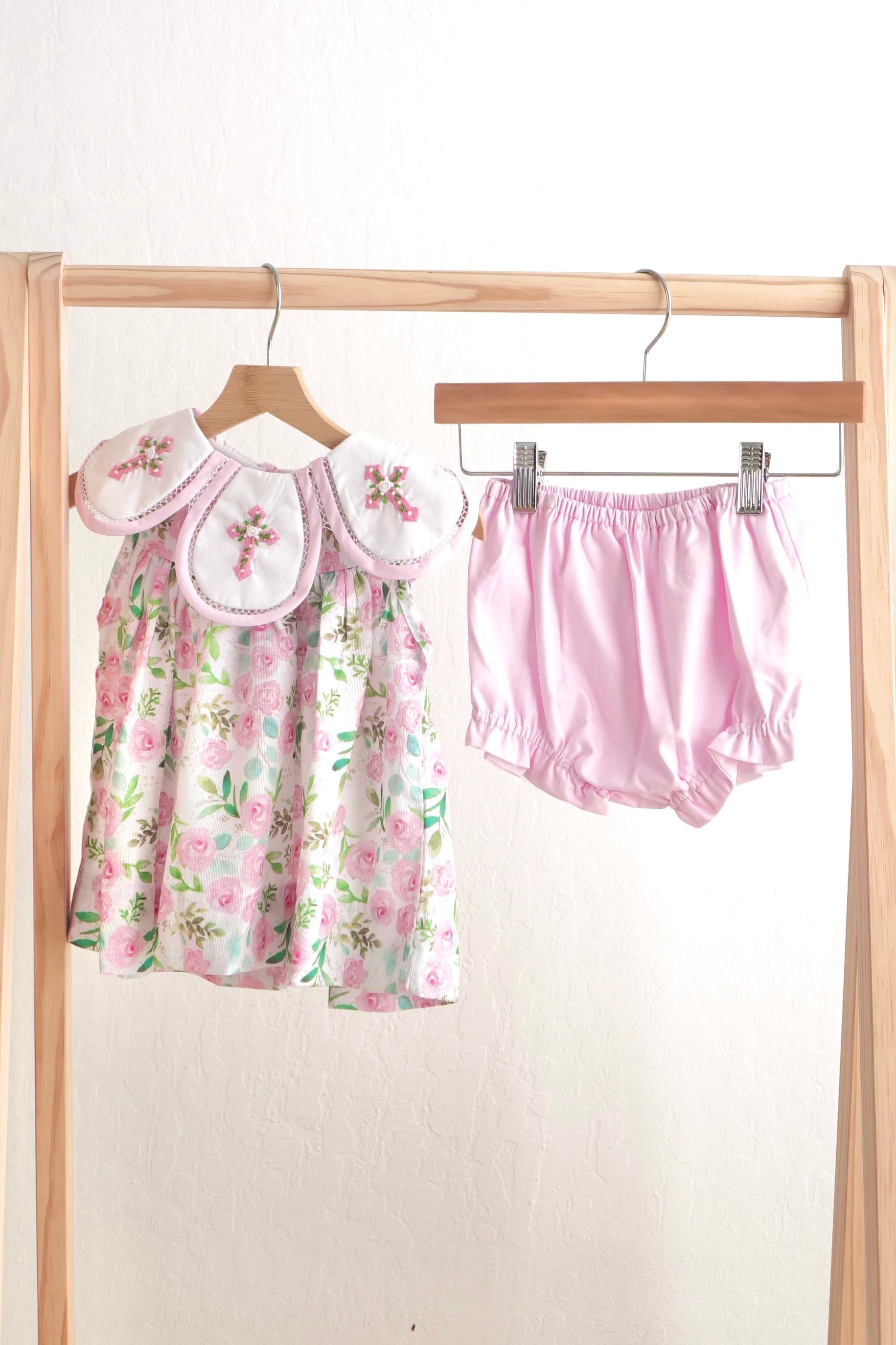 Pink Easter Cross Emrboidery Floral Girl Set