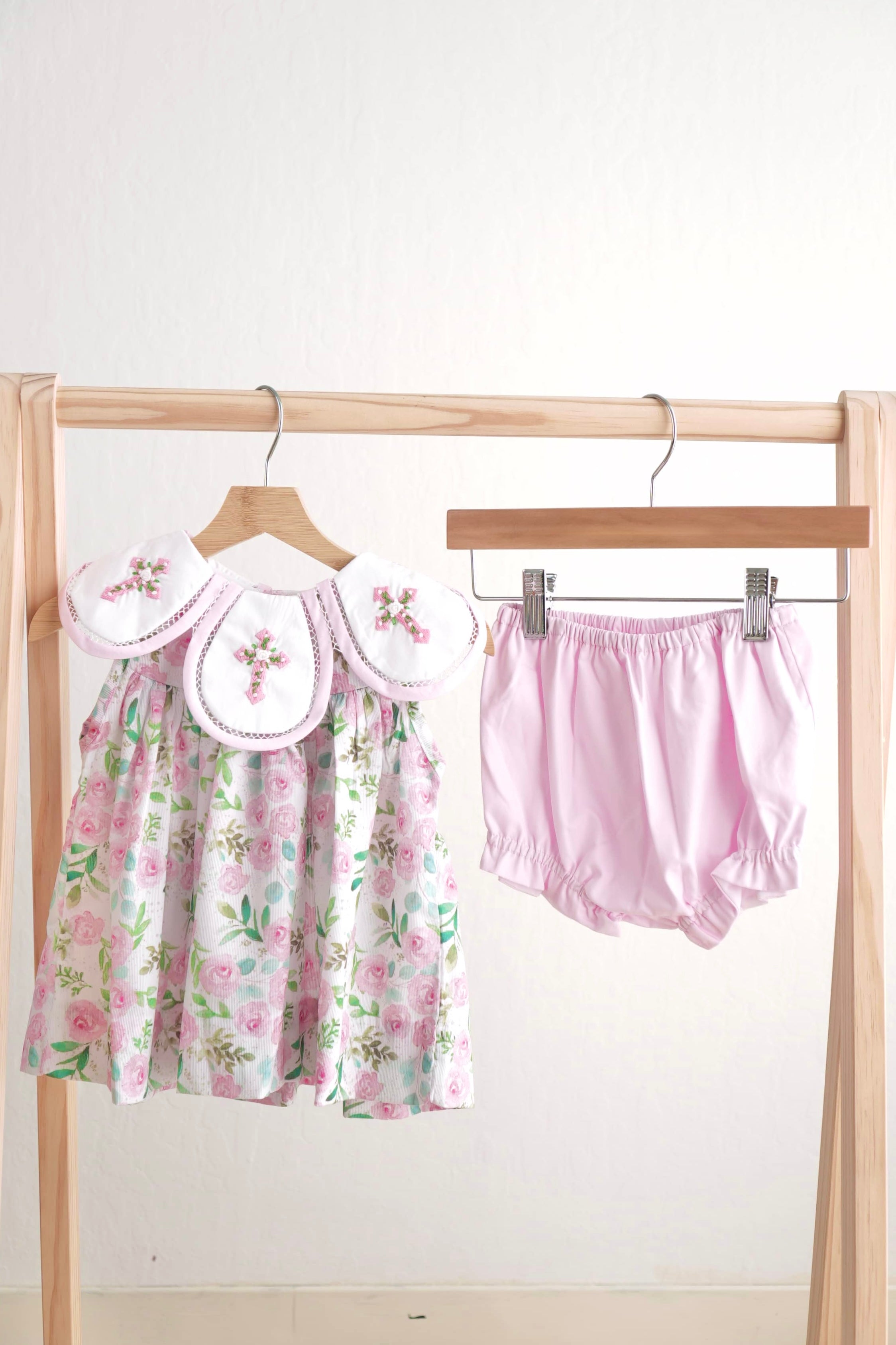 Pink Easter Cross Emrboidery Floral Girl Set