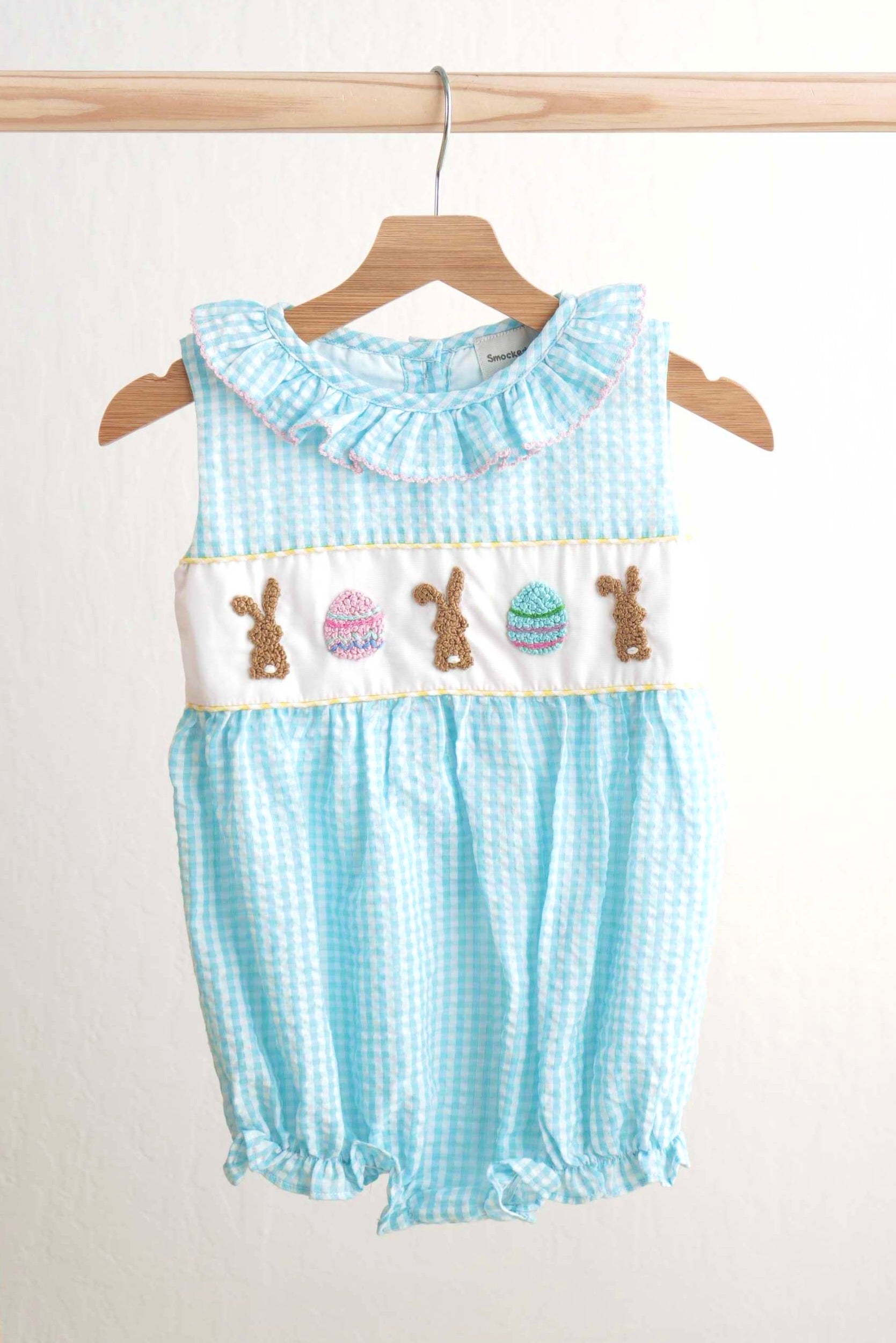 Blue Easter Bunny Egg French Knot Girl Gingham Seersucker Bubble