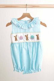 Blue Easter Bunny Egg French Knot Girl Gingham Seersucker Bubble