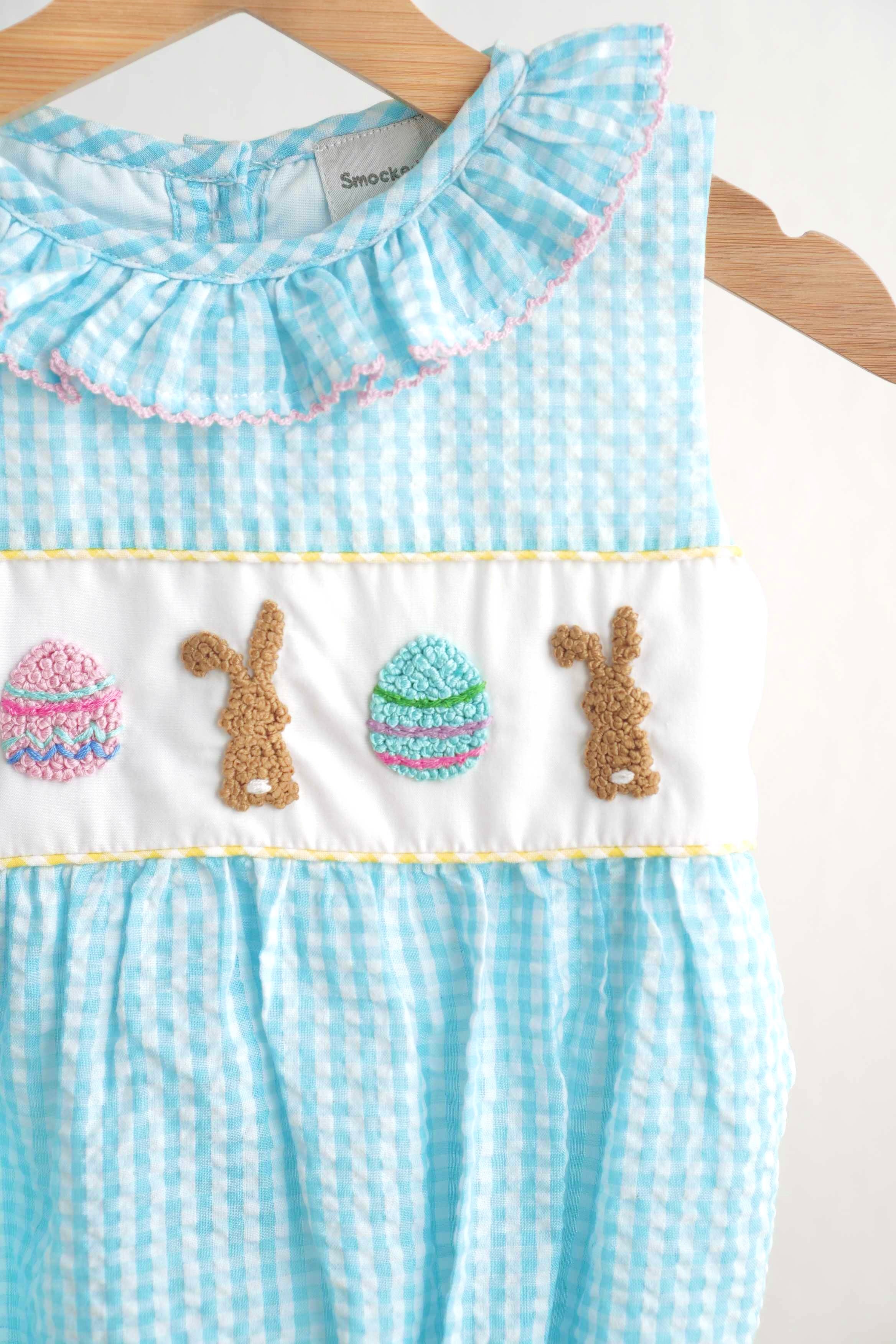 Blue Easter Bunny Egg French Knot Girl Gingham Seersucker Bubble
