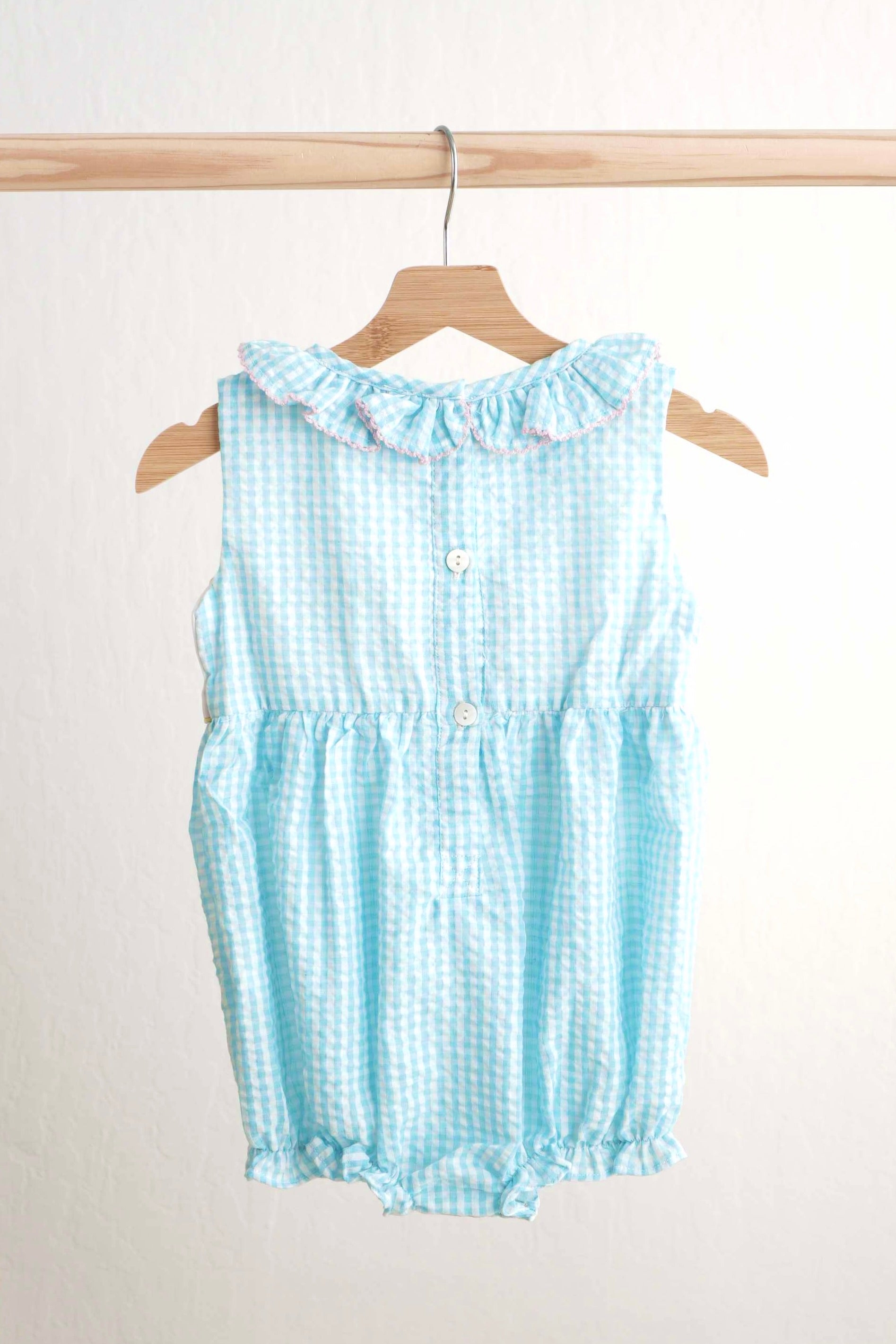 Blue Easter Bunny Egg French Knot Girl Gingham Seersucker Bubble