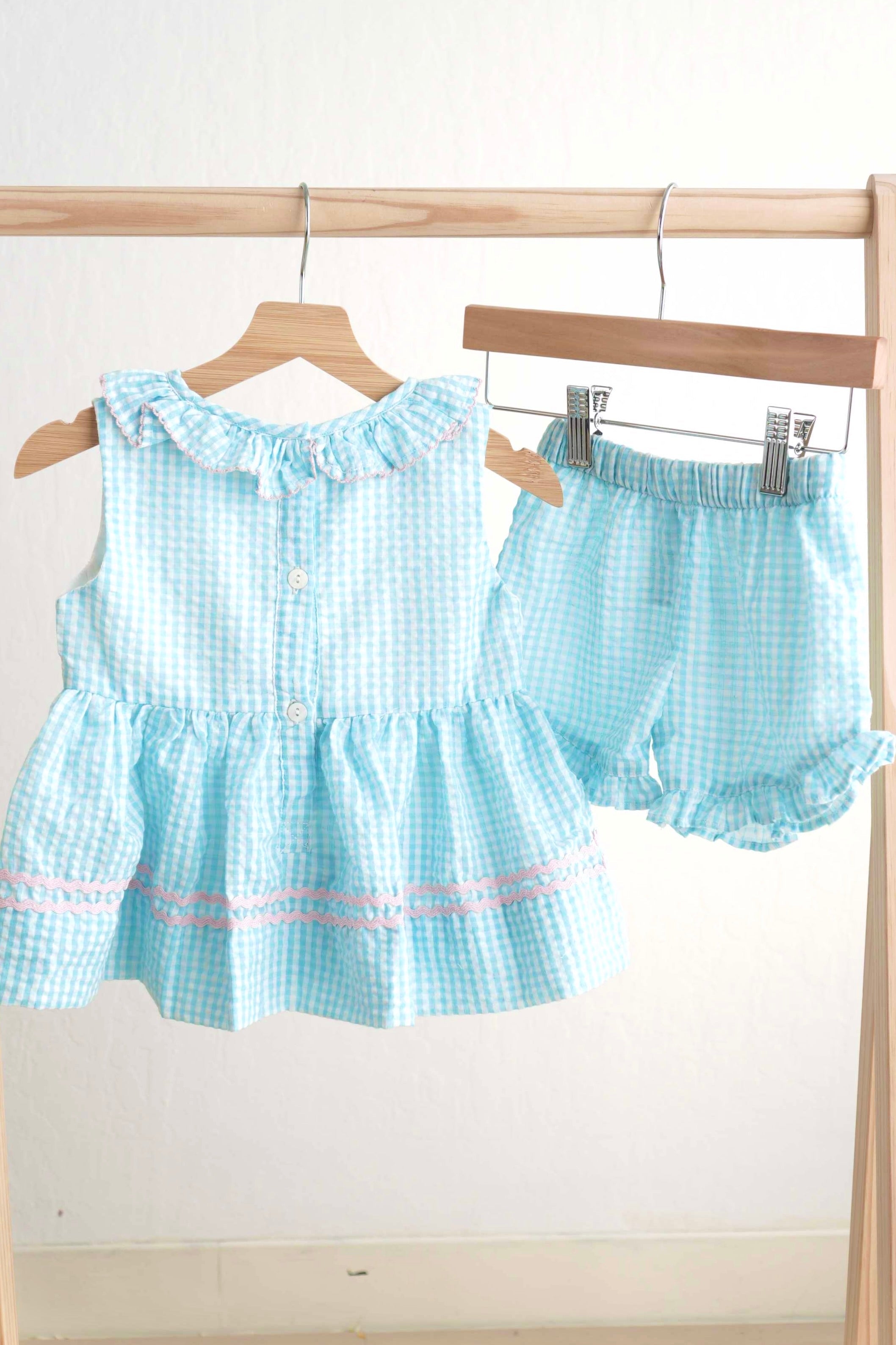 Blue Easter Bunny Egg French Knot Girl Gingham Seersucker Set