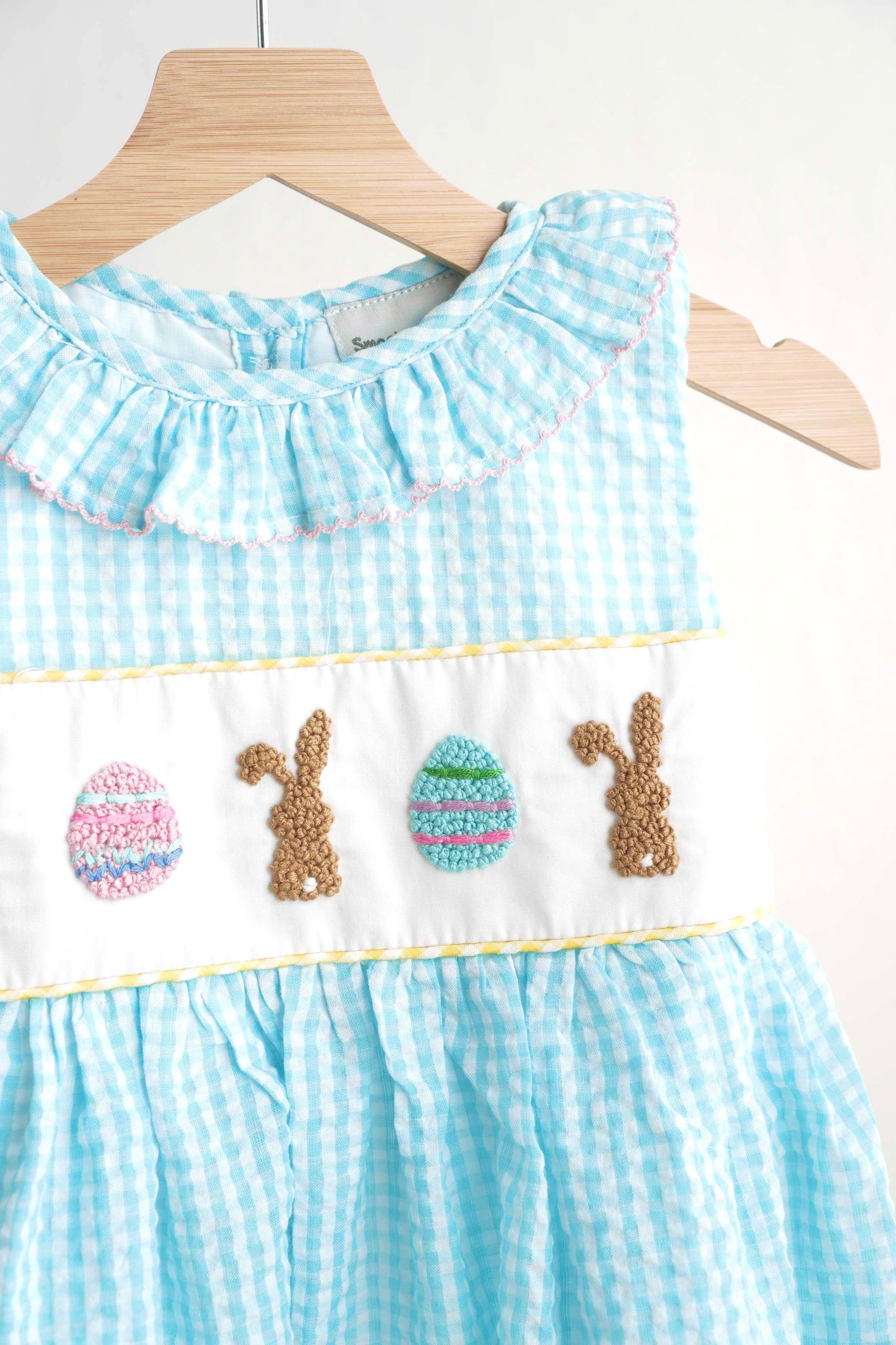 Blue Easter Bunny Egg French Knot Girl Gingham Seersucker Dress