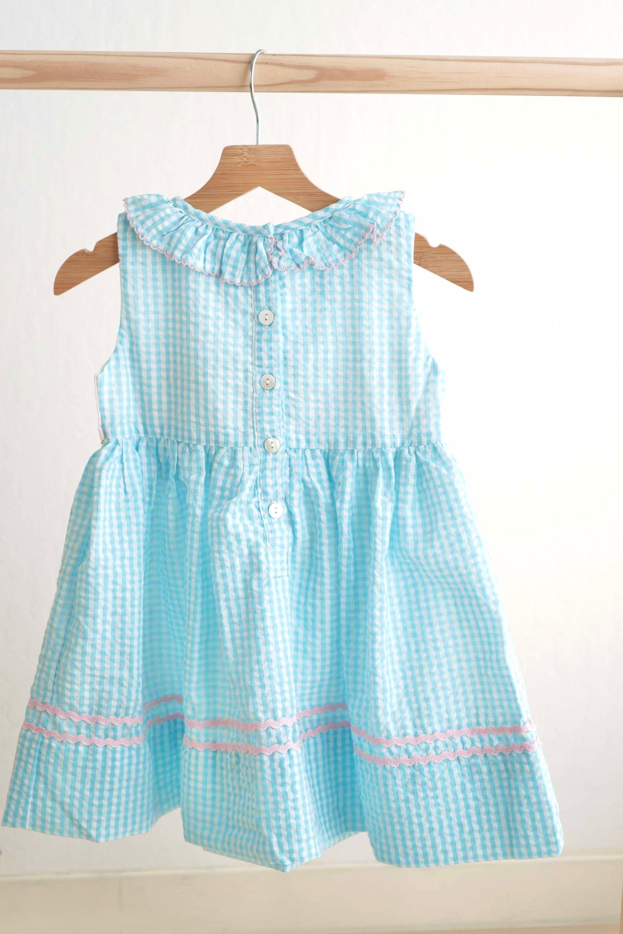 Blue Easter Bunny Egg French Knot Girl Gingham Seersucker Dress
