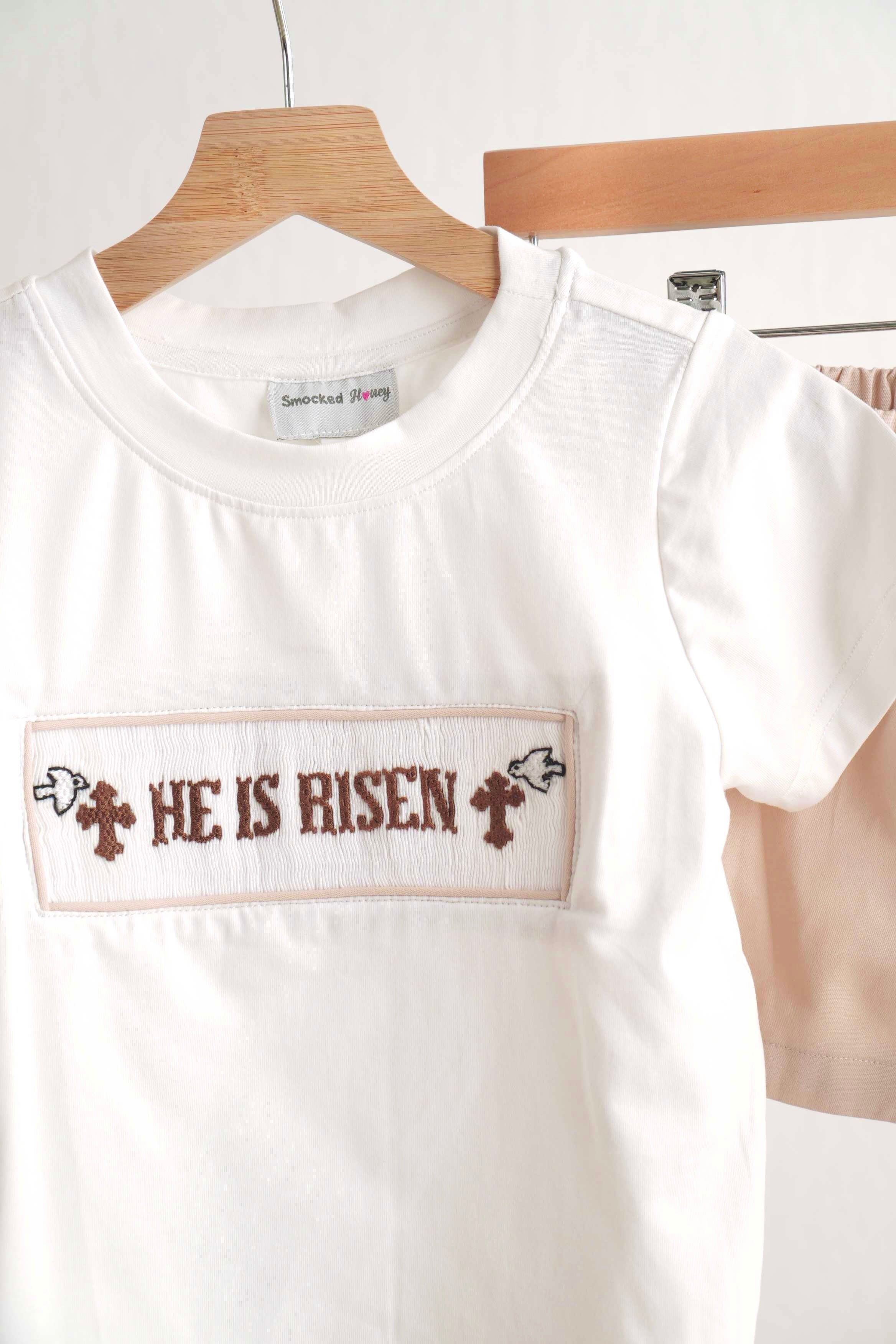 Khaki He Is Risen Hand-smocked Boy Set