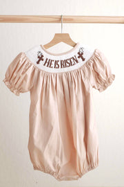 Khaki He Is Risen Hand-smocked Girl Bubble