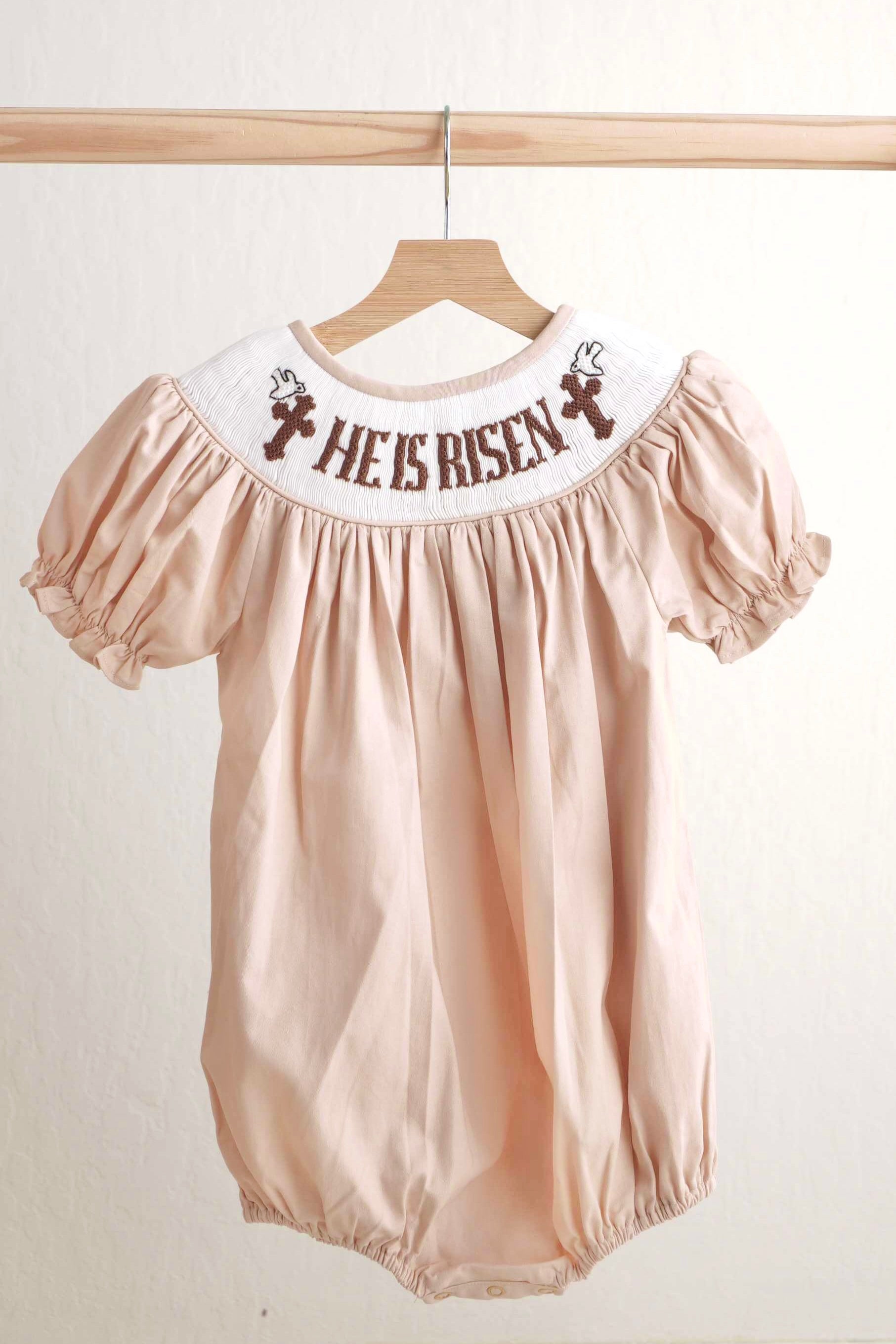Khaki He Is Risen Hand-smocked Girl Bubble
