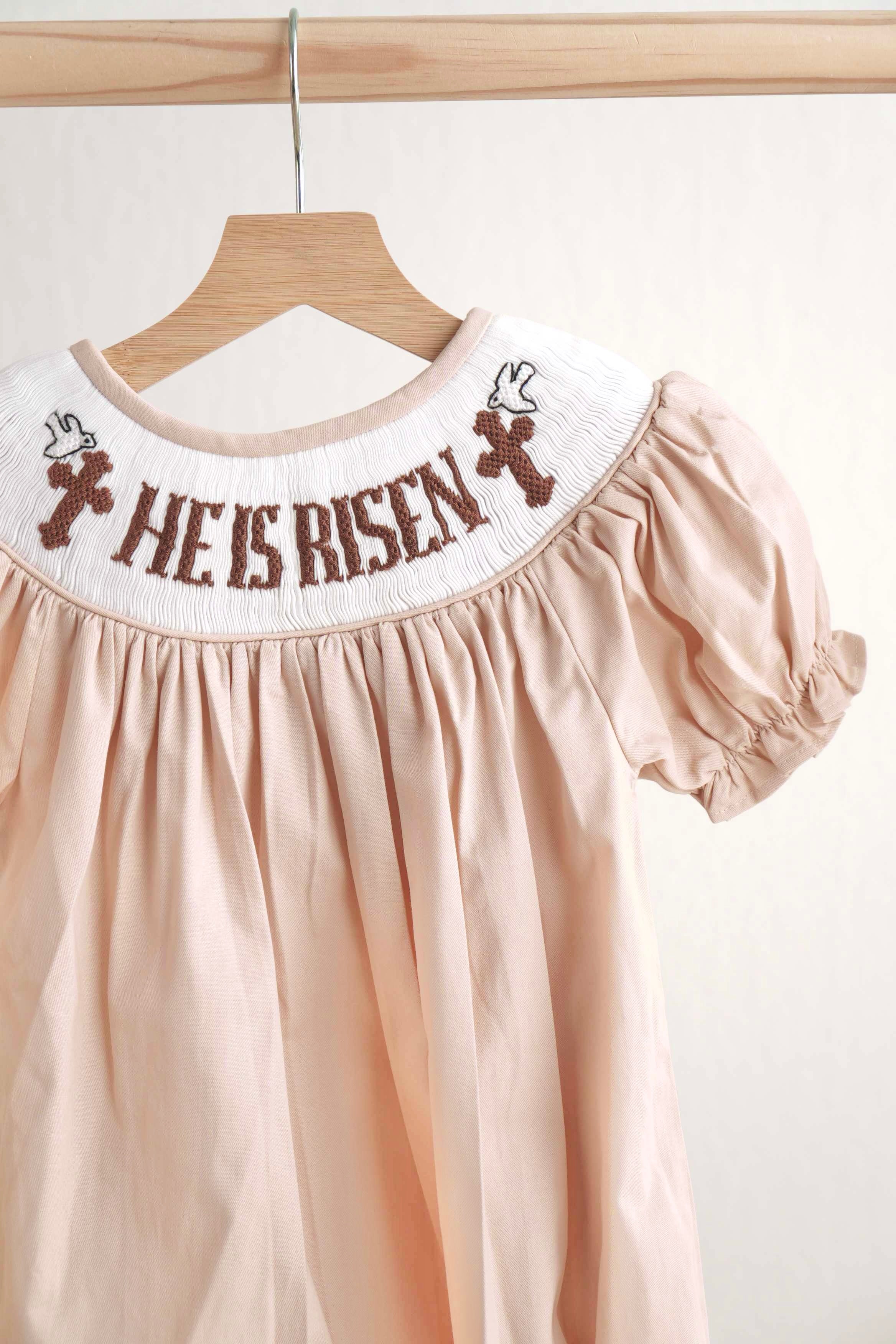 Khaki He Is Risen Hand-smocked Girl Bubble