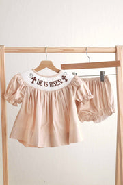 Khaki He Is Risen Hand-smocked Girl Bloomer Set