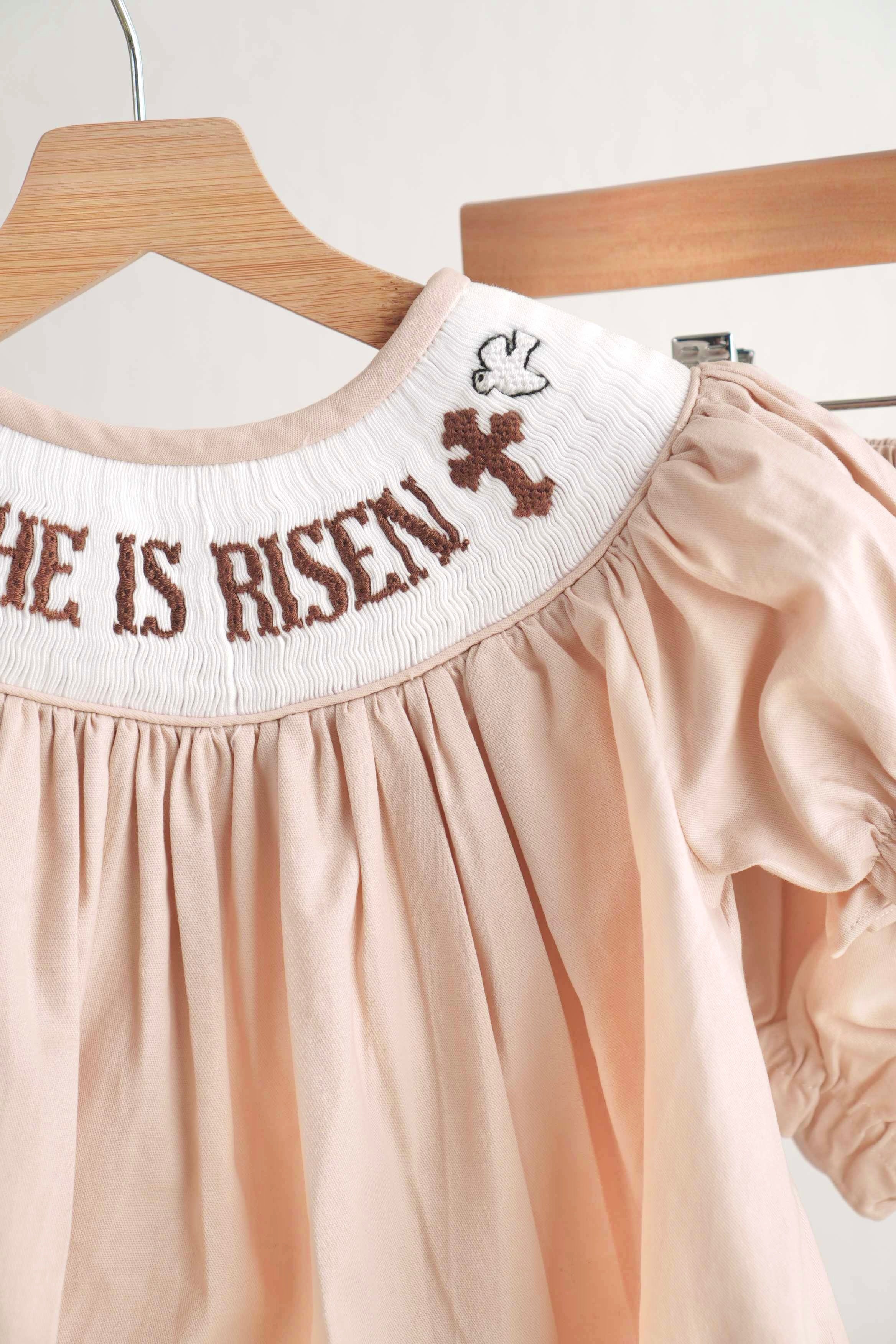 Khaki He Is Risen Hand-smocked Girl Bloomer Set