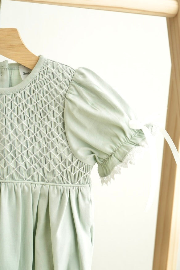 Sage Hand-smocked Lace Girl Bubble