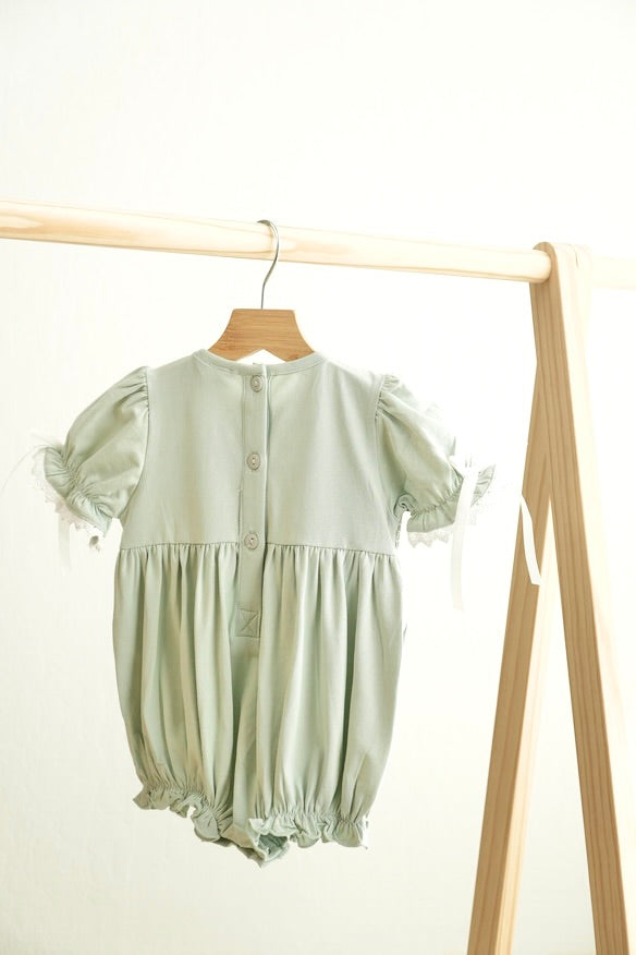 Sage Hand-smocked Lace Girl Bubble