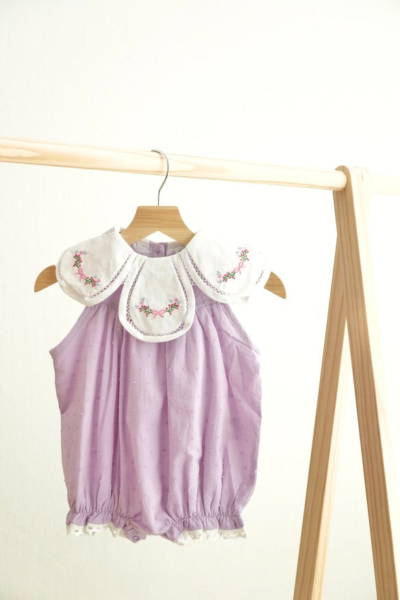 Lavender Floral Bow Embroidery Swiss Dot Girl Bubble