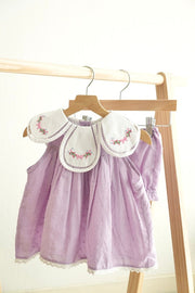 Lavender Floral Bow Embroidery Swiss Dot Girl Bloomer Set