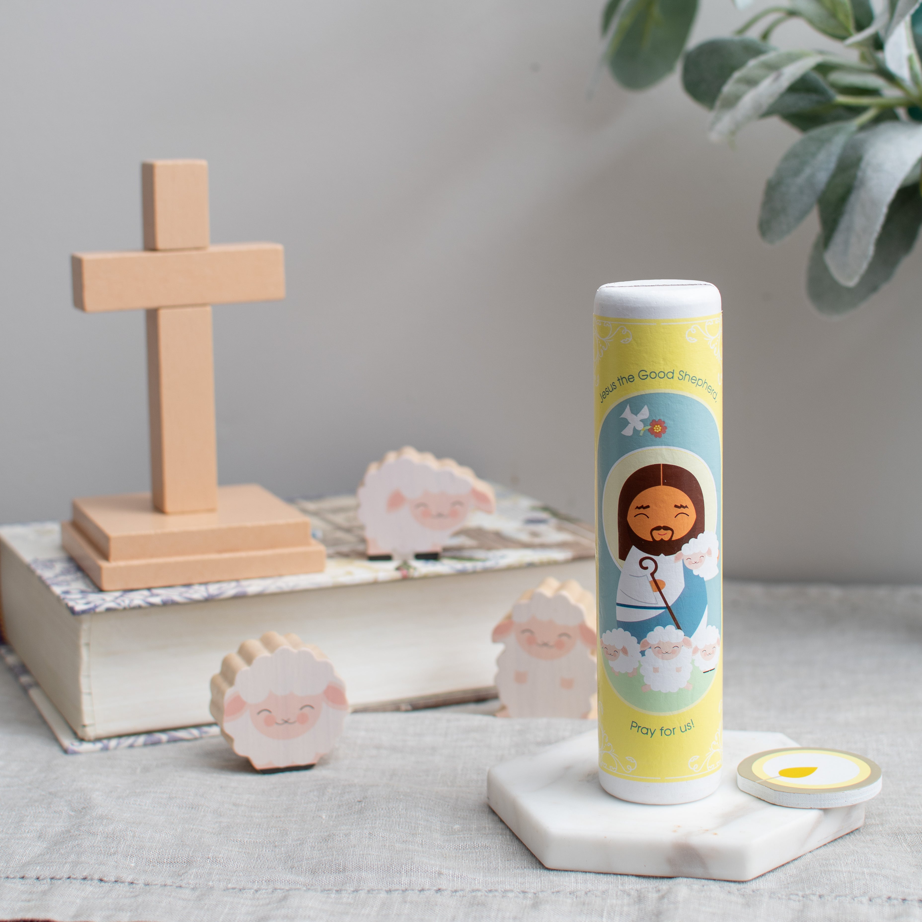 Jesus Christ, The Good Shepherd (The Our Father) Wooden Prayer Candle