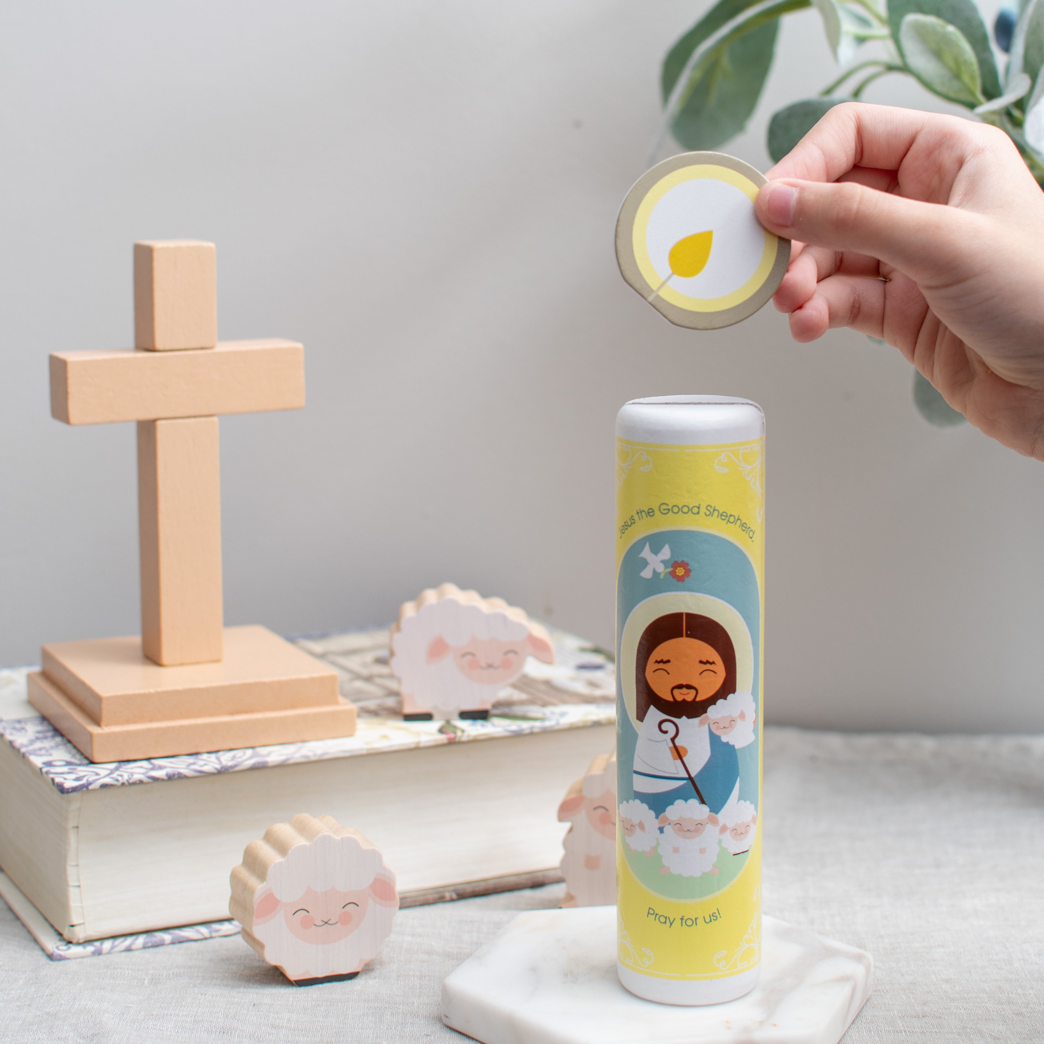 Jesus Christ, The Good Shepherd (The Our Father) Wooden Prayer Candle