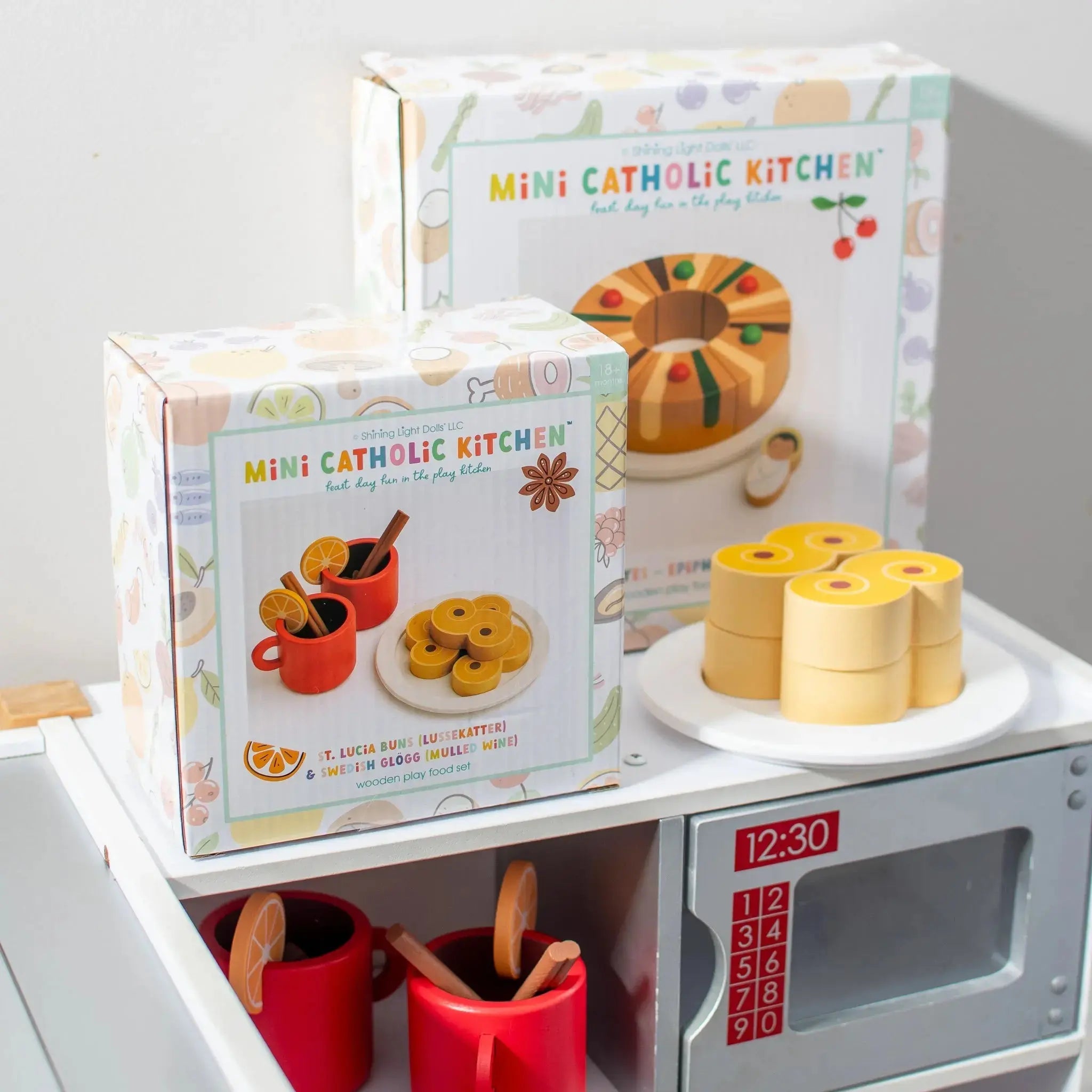 St. Lucia Buns (lussekatter) & Swedish Glogg Wooden Play Food Set- Mini Catholic Kitchen