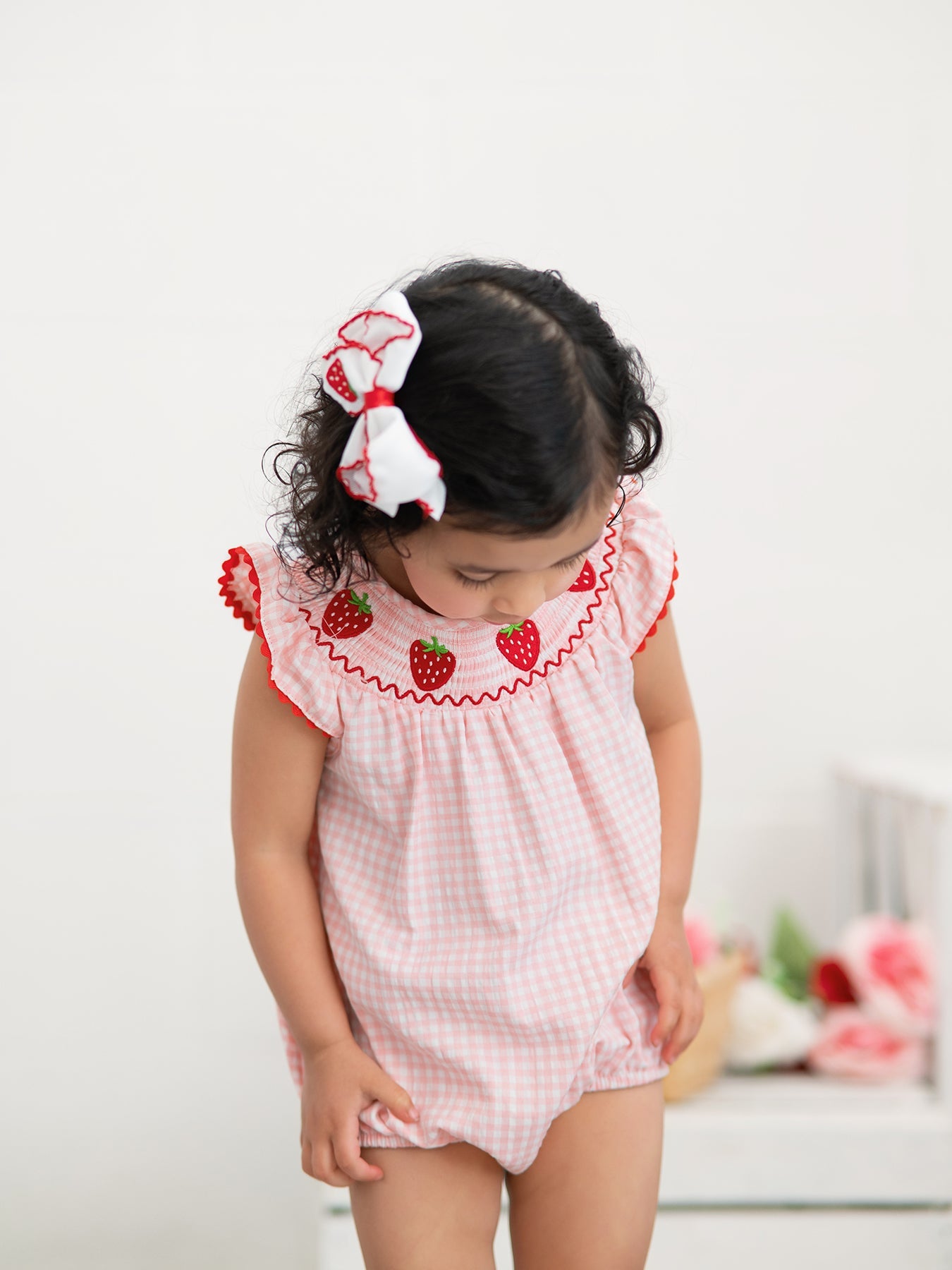 Baby Girls Strawberry Plaid Smocked Romper