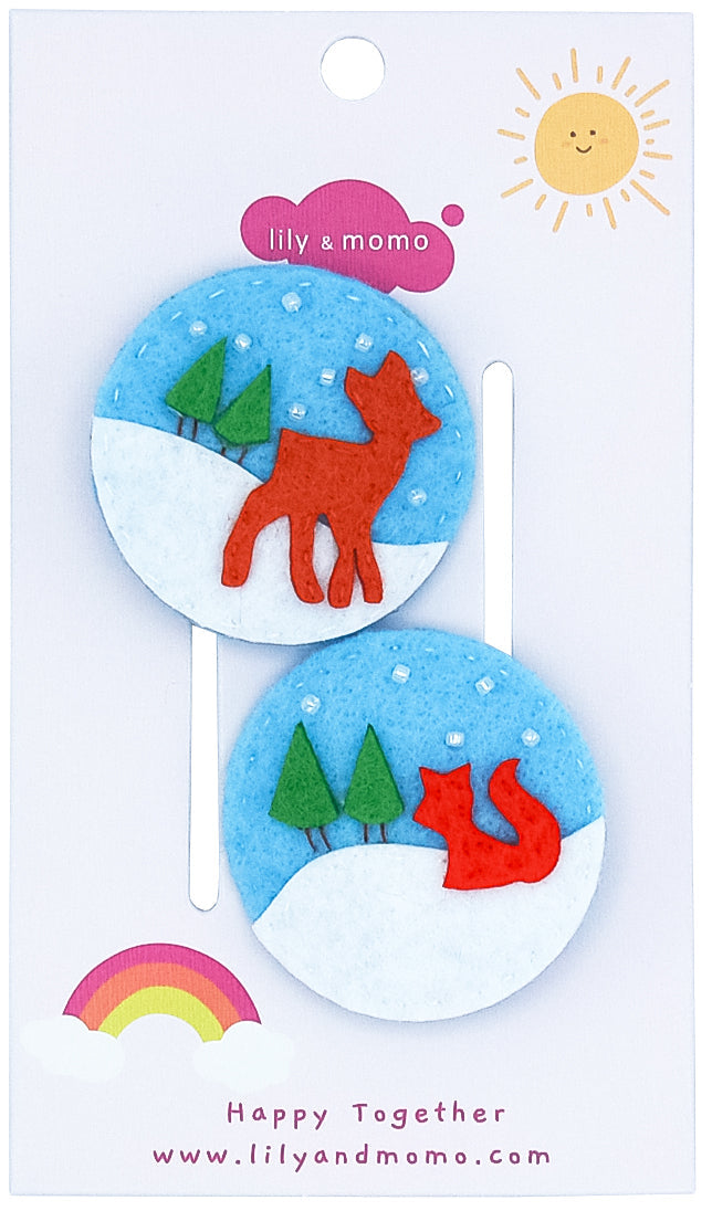 Holiday Winter Fox And Deer Hair Clips- Baby Blue And White