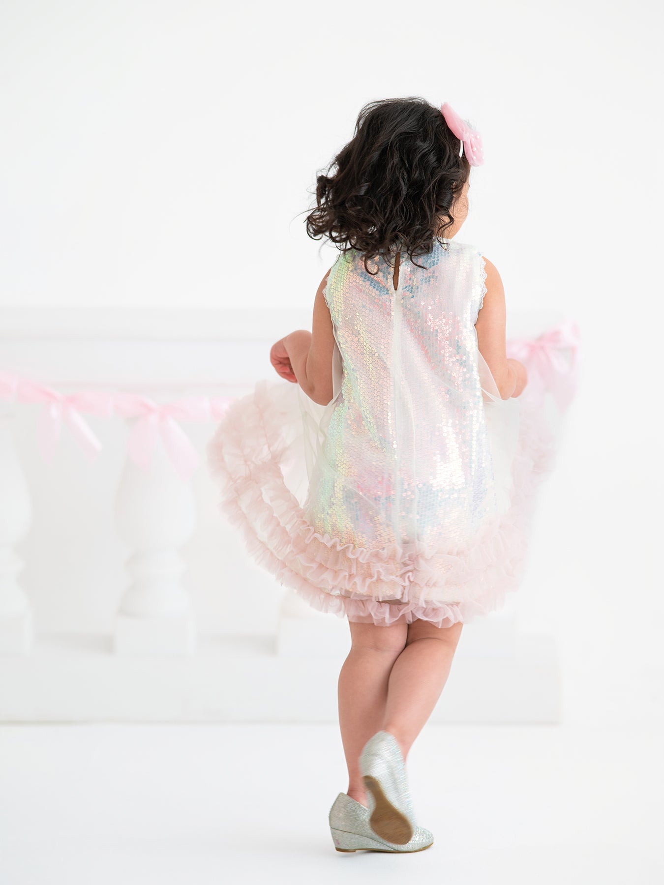 Iridescent Sequin Bow Ruffle Tulle Girls Dress