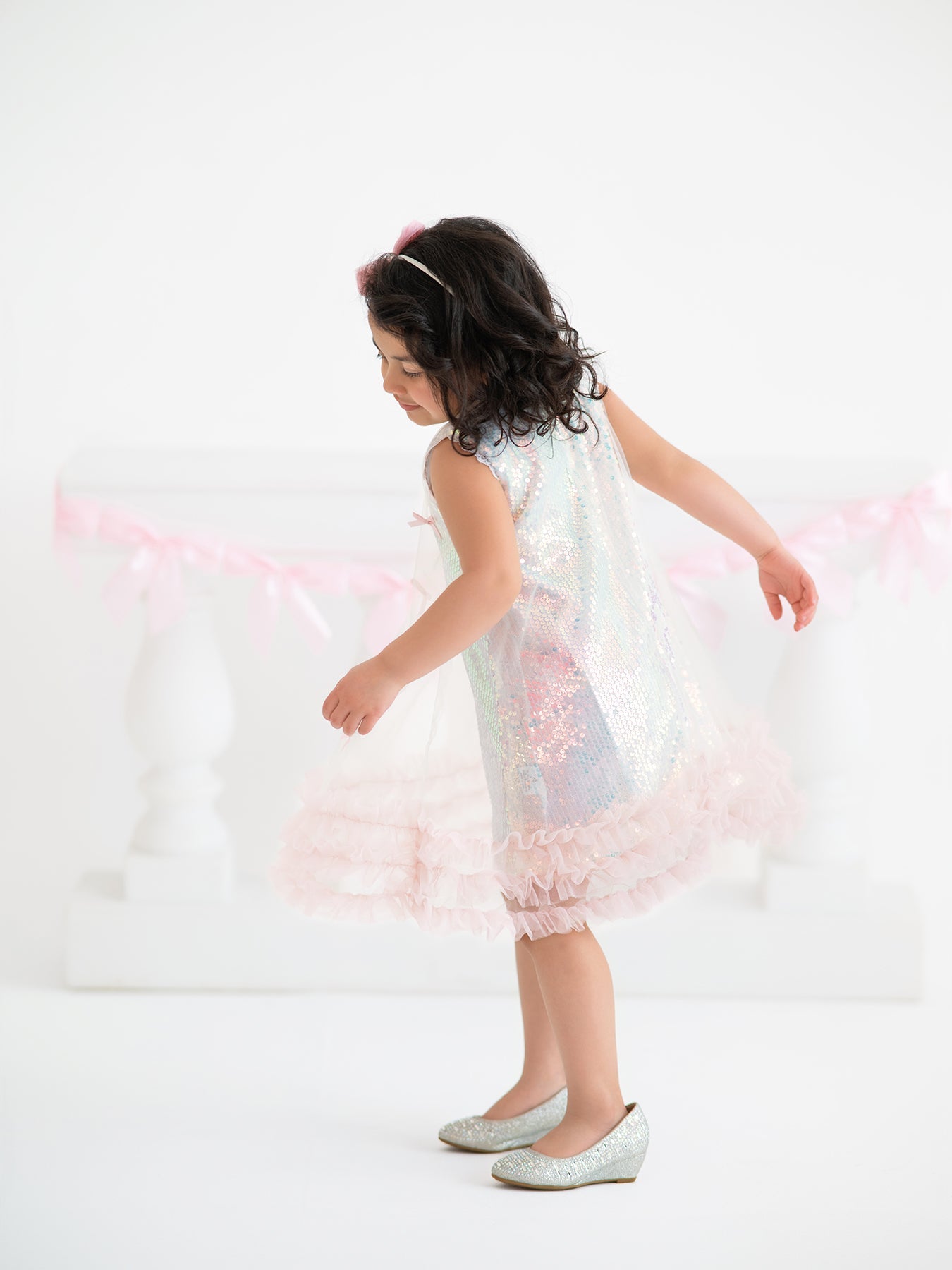 Iridescent Sequin Bow Ruffle Tulle Girls Dress