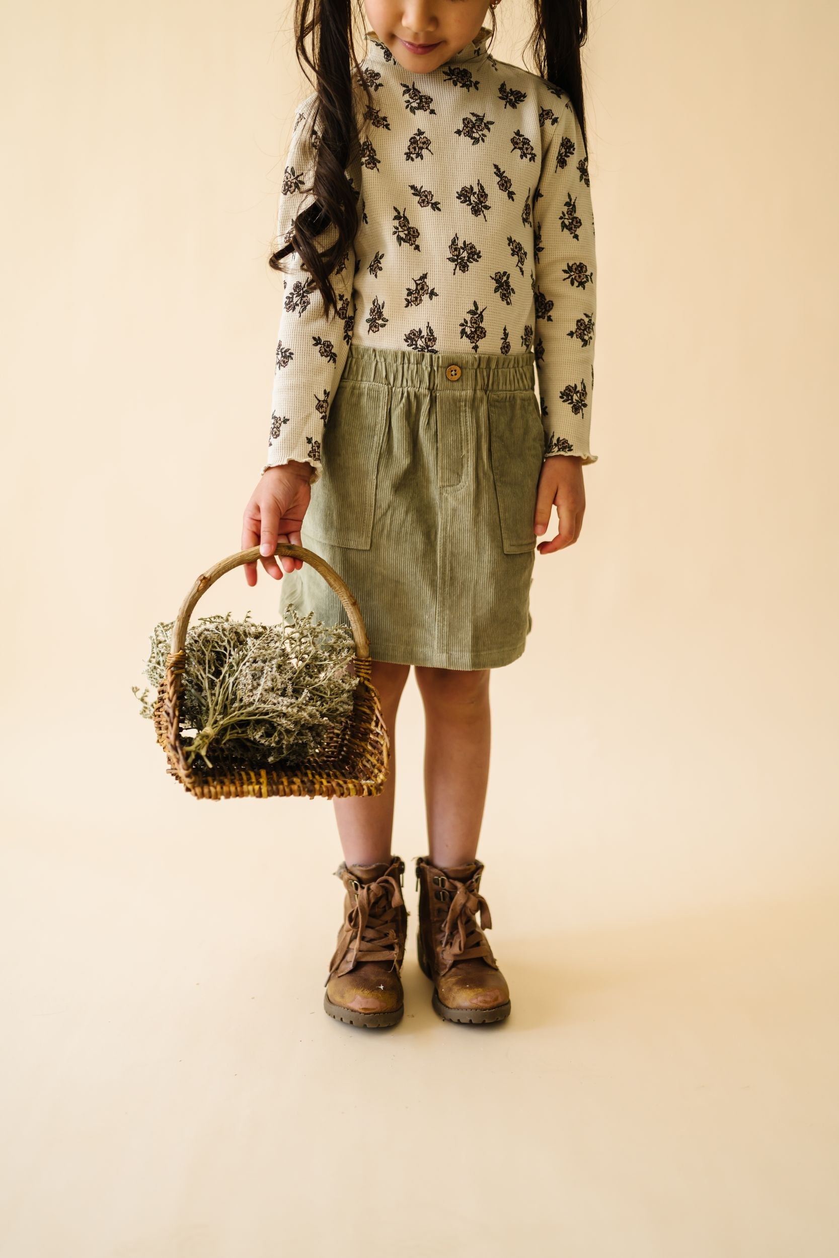 Organic Tee And Corduroy Skirt Set - Olive