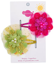 Fiona Tulle Flower Hair Clip- Pink And Lime Green