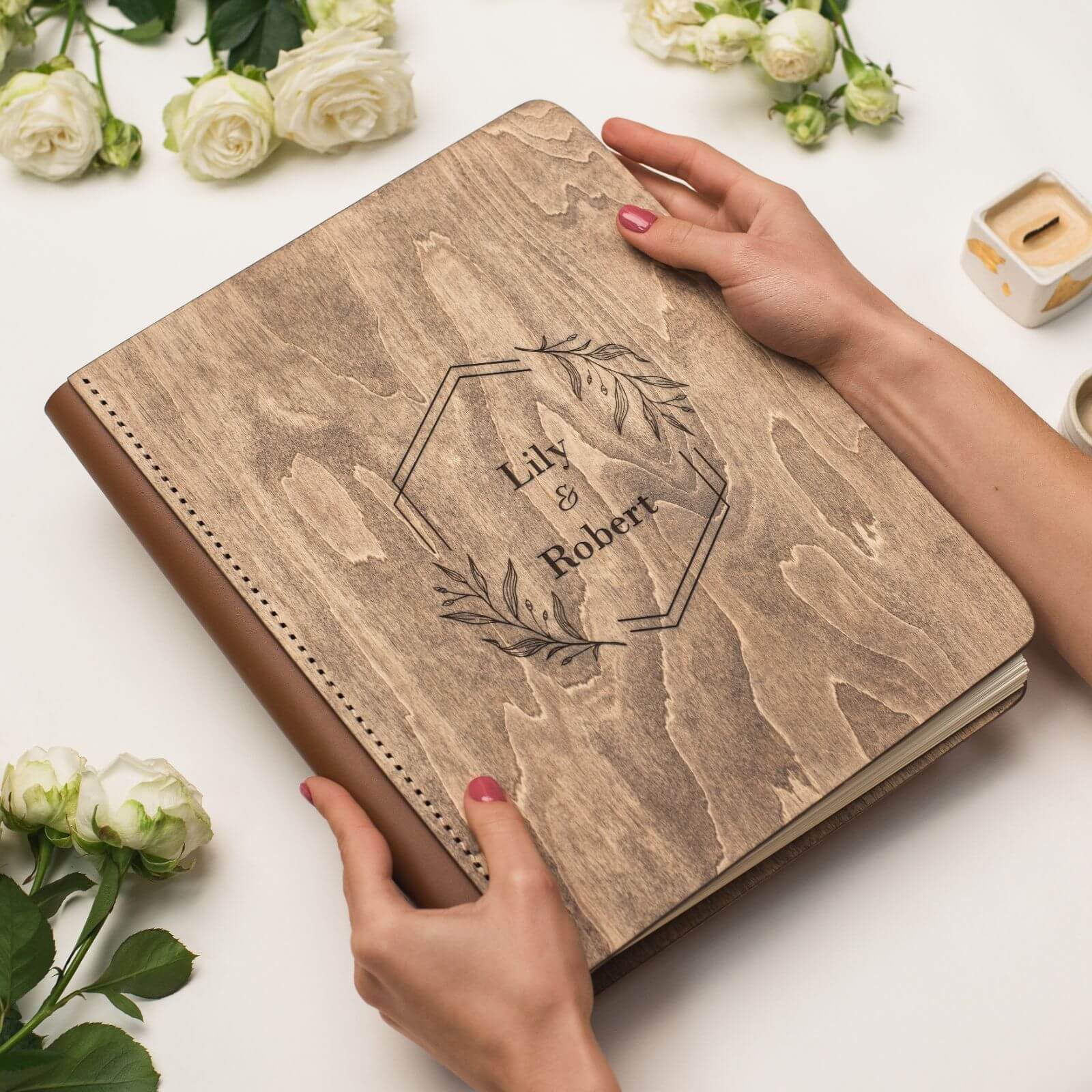 Wooden Album With Leather - Honeycomb (vertical)