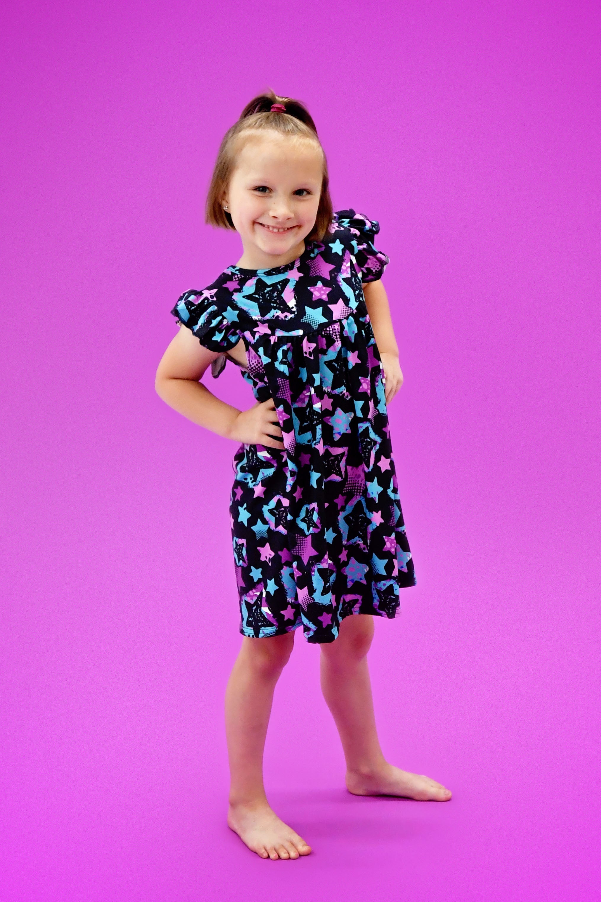 Purple And Teal Star Milk Silk Flutter Dress