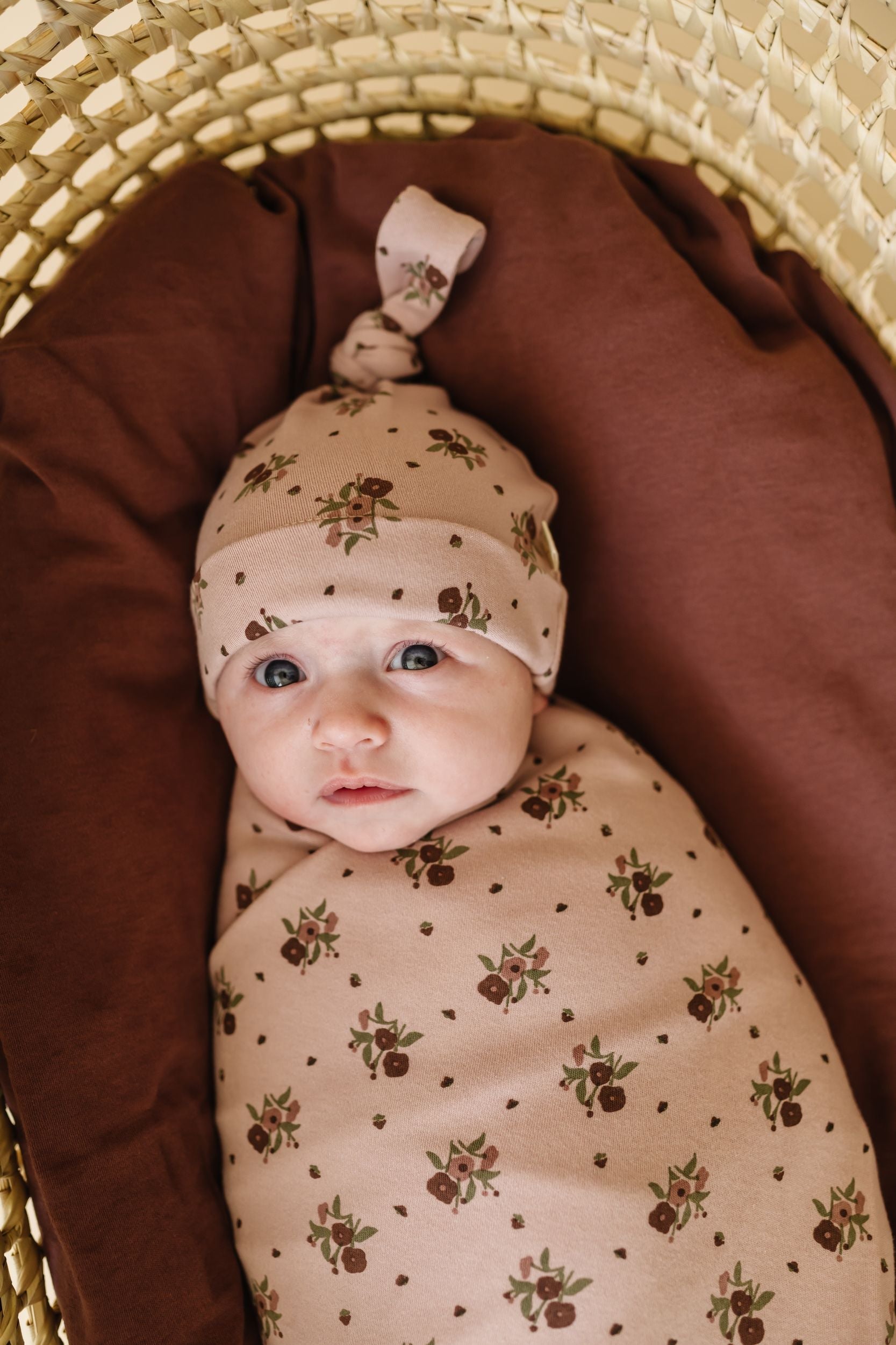 Organic Swaddle Blanket & Hat - Rose Ditsy