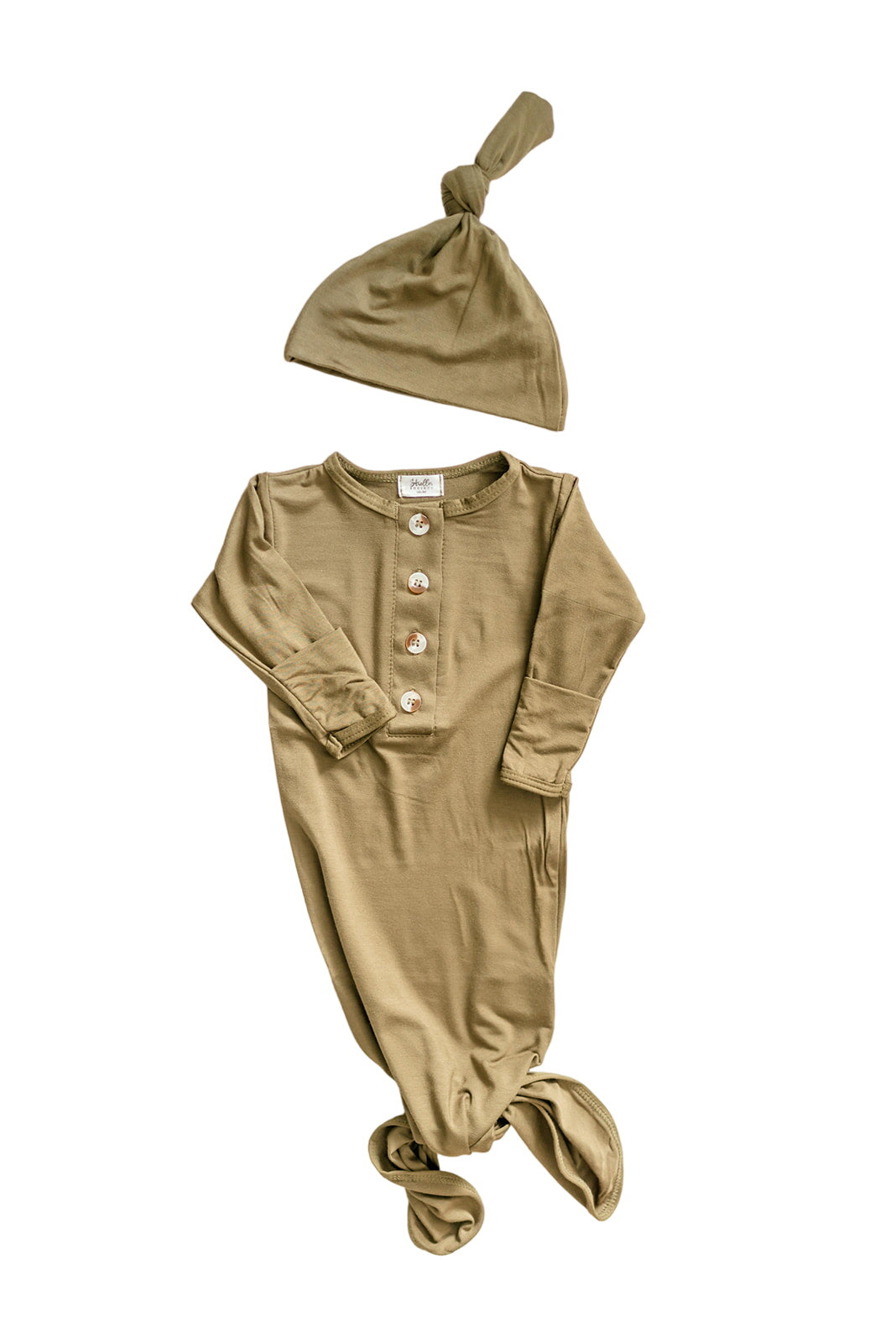 Knotted Baby Gown And Hat Set - Army Green (newborn-3 Months)