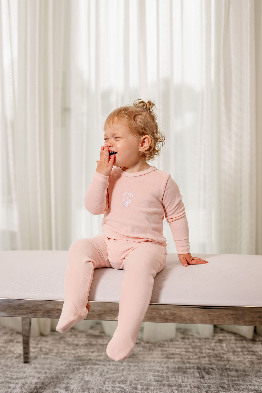 Velour Embroidered Footie- Pink