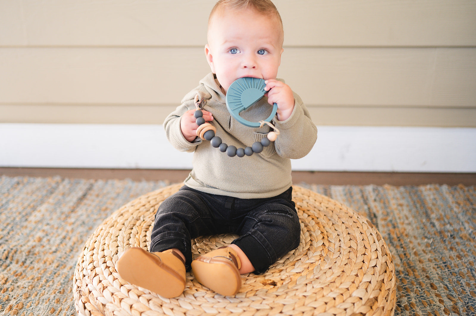 Charcoal Silicone Bead & Wood Ring Pacifier Clip