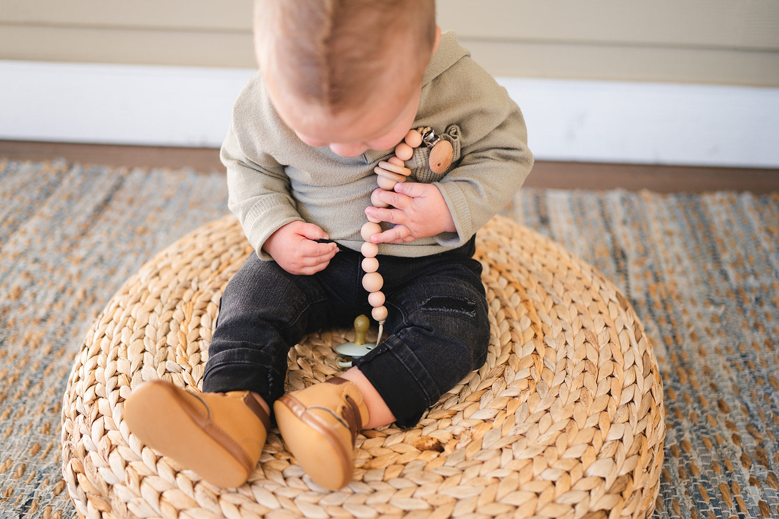 Apricot Silicone Bead & Wood Ring Pacifier Clip