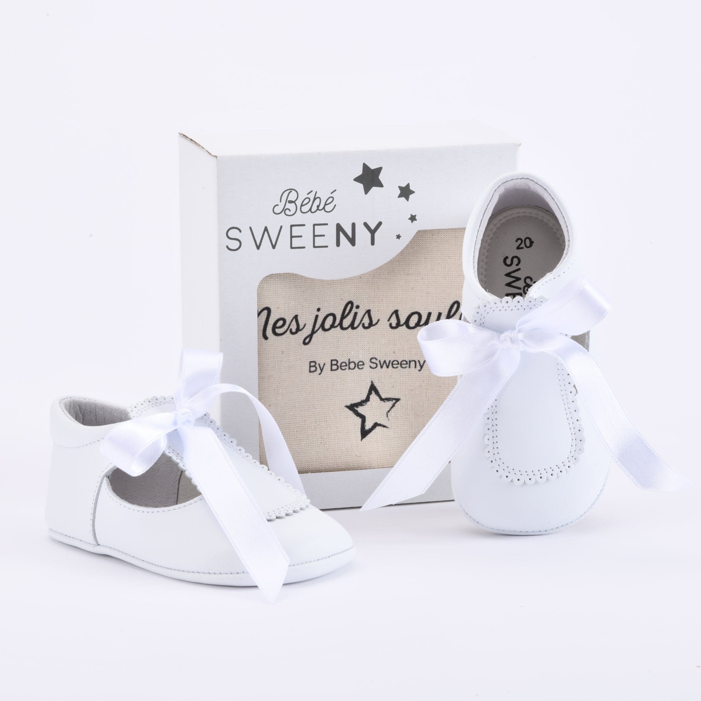Girls White Leather Pre-walker Shoes With Satin Ribbon