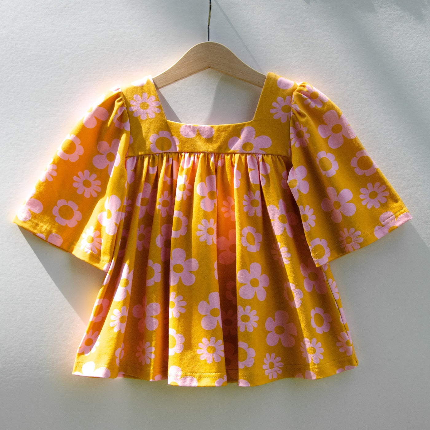 Retro Mustard Daisy Bell Sleeve Top For Baby Toddler And Girls