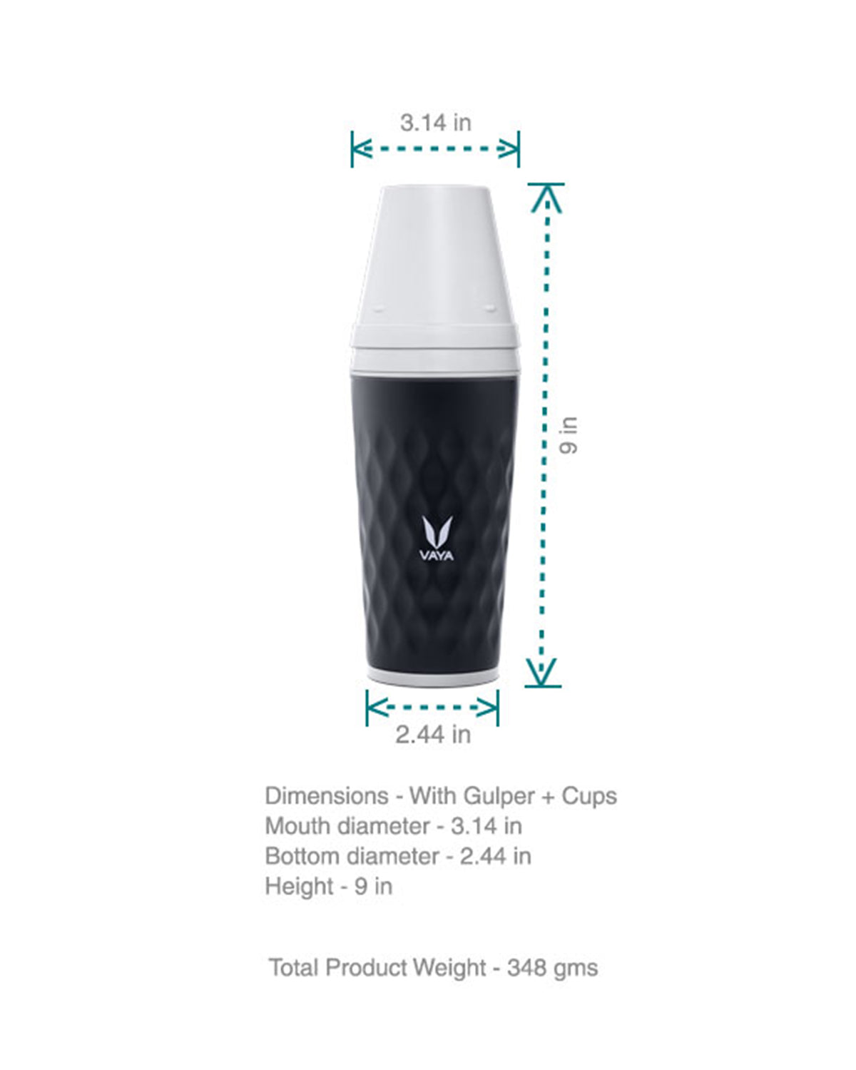 Vaya Drynk - 11.8 Fl.oz - Black - With Gulper Lid + 2 Cups